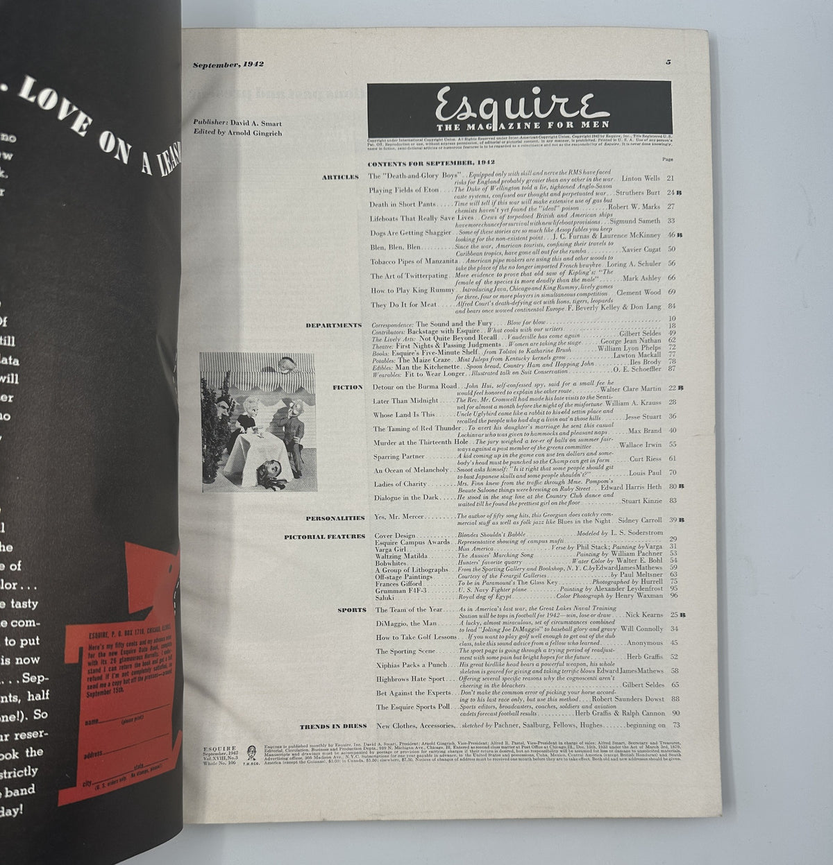 Inside page of Esquire Magazine September 1942 displaying the table of contents, featuring articles and pictorial features relevant to the era.