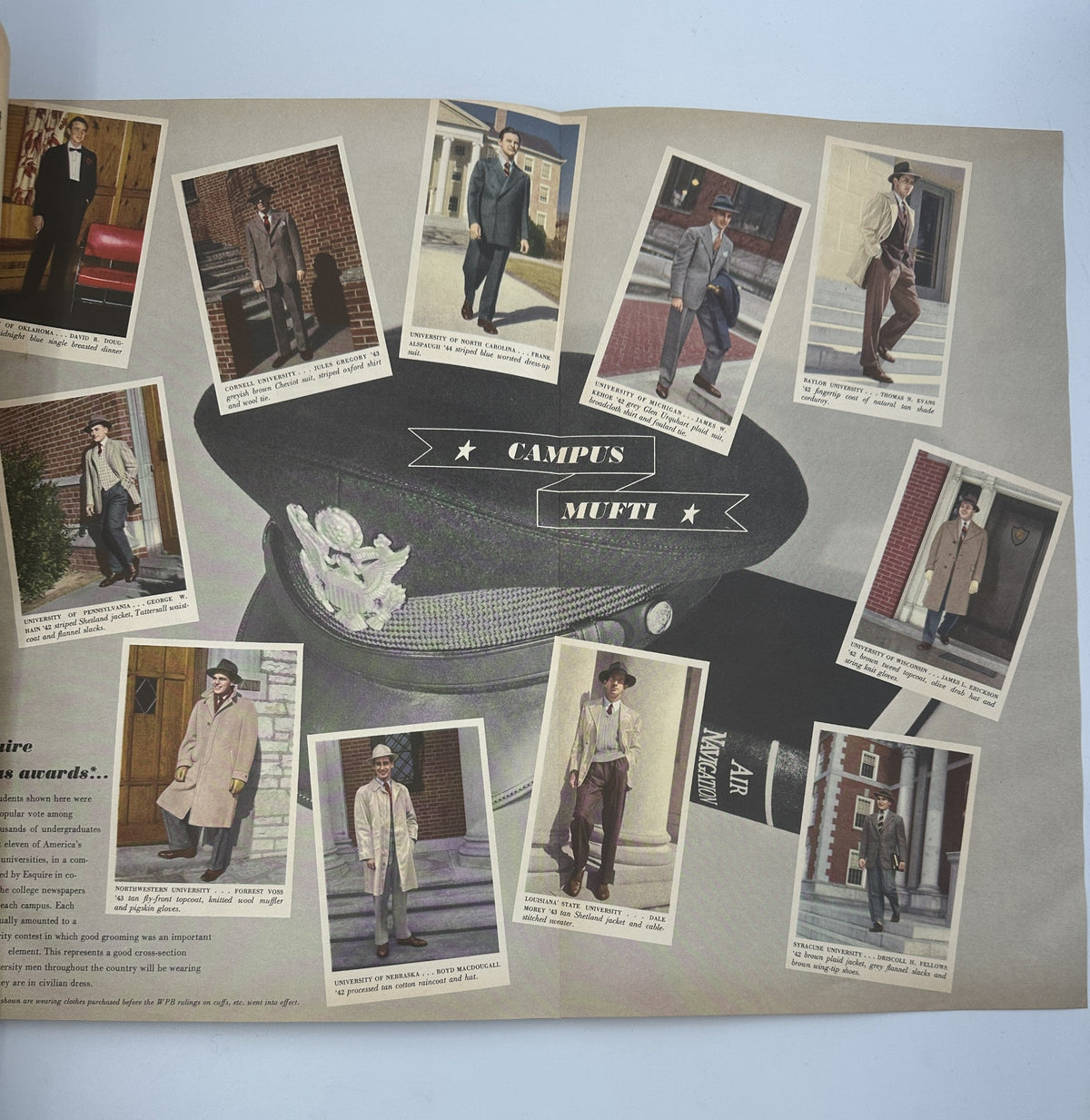Esquire Magazine September 1942 page displaying various men's outfits categorized under 'Campus Mufti,' highlighting fashion trends during the WWII period.