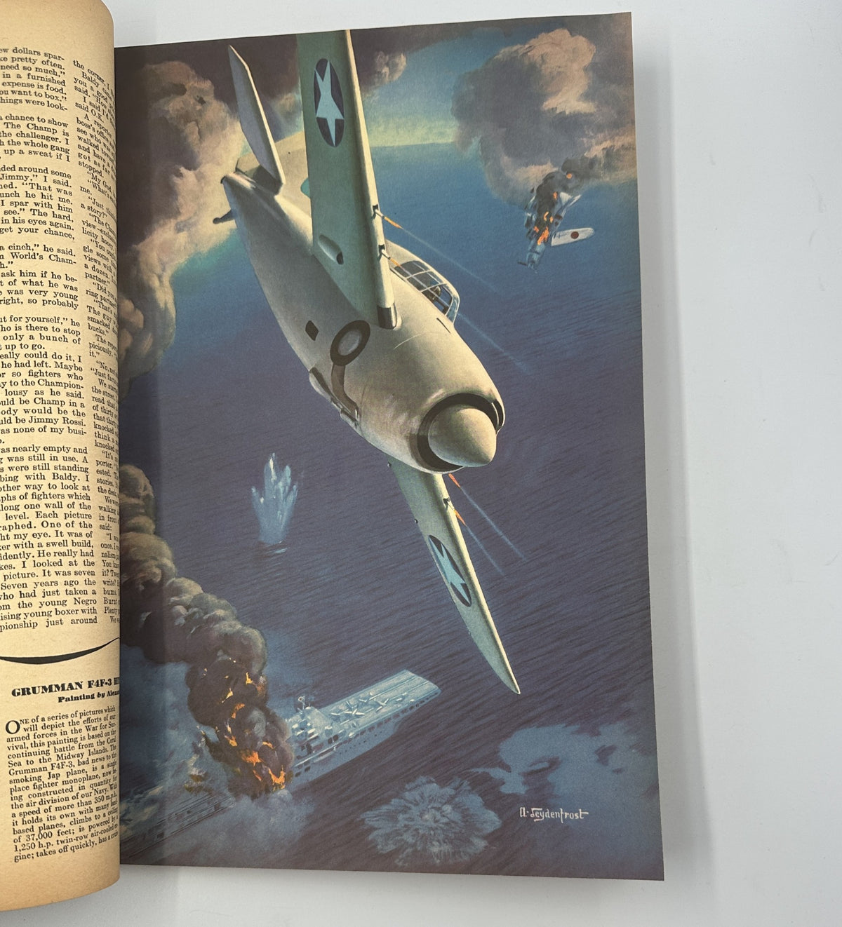 Esquire Magazine September 1942 illustration of the Grumman F4F-3, a U.S. Navy fighter plane, set against a dramatic war scene depicting aircraft action over the ocean.