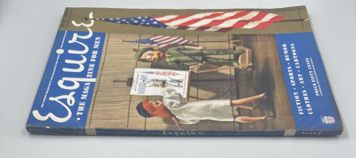 Esquire Magazine July 1942 cover displaying the US flag and Varga Veda Ann Borg, highlighting pinup art and wartime themes.