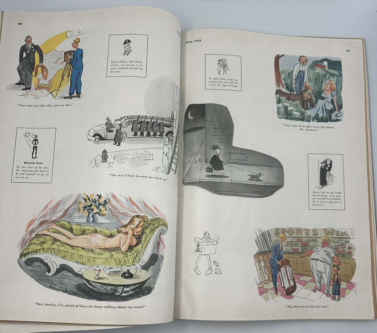Illustrated pages from Esquire Magazine July 1942 showcasing humorous cartoons and artistic depictions, highlighting mid-20th century culture.