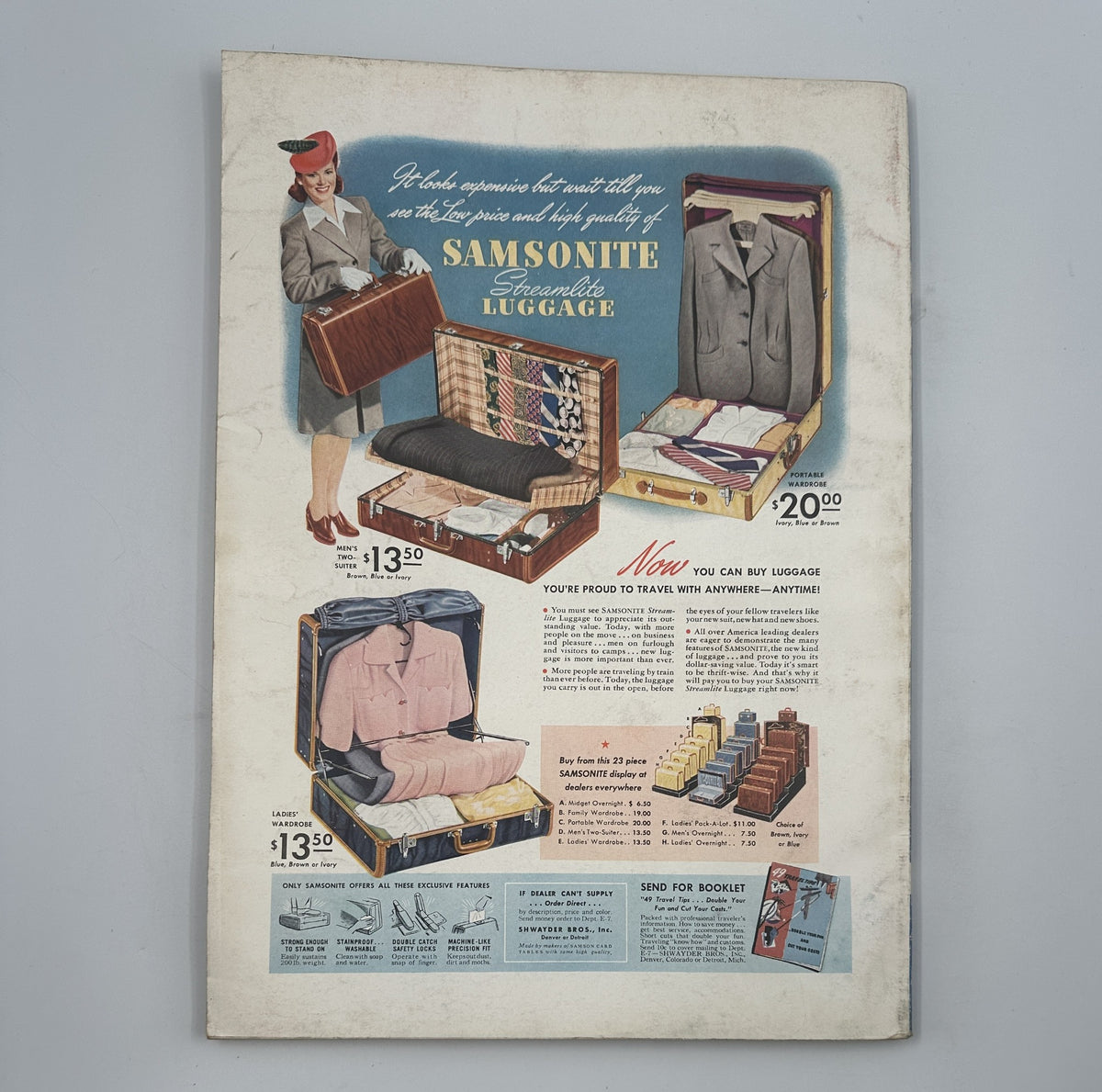 Advertisement in Esquire Magazine July 1942 for Samsonite luggage, featuring a stylish female model promoting travel essentials with affordable pricing.