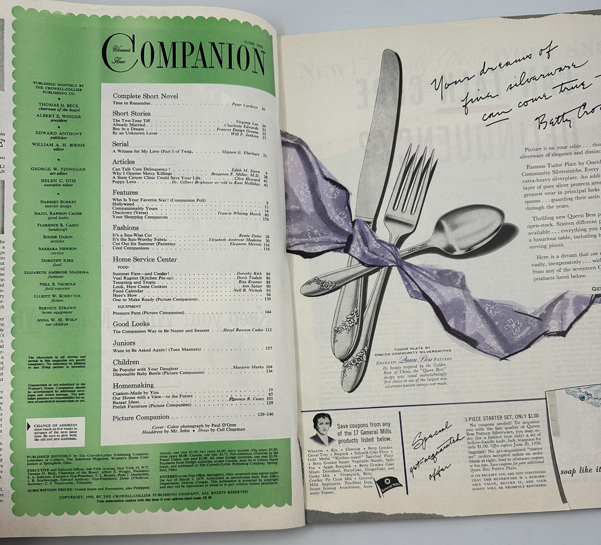Inside page of Woman’s Home Companion Magazine June 1950 featuring the Table of Contents and articles, including a complete short novel, short stories, and homemaking tips.