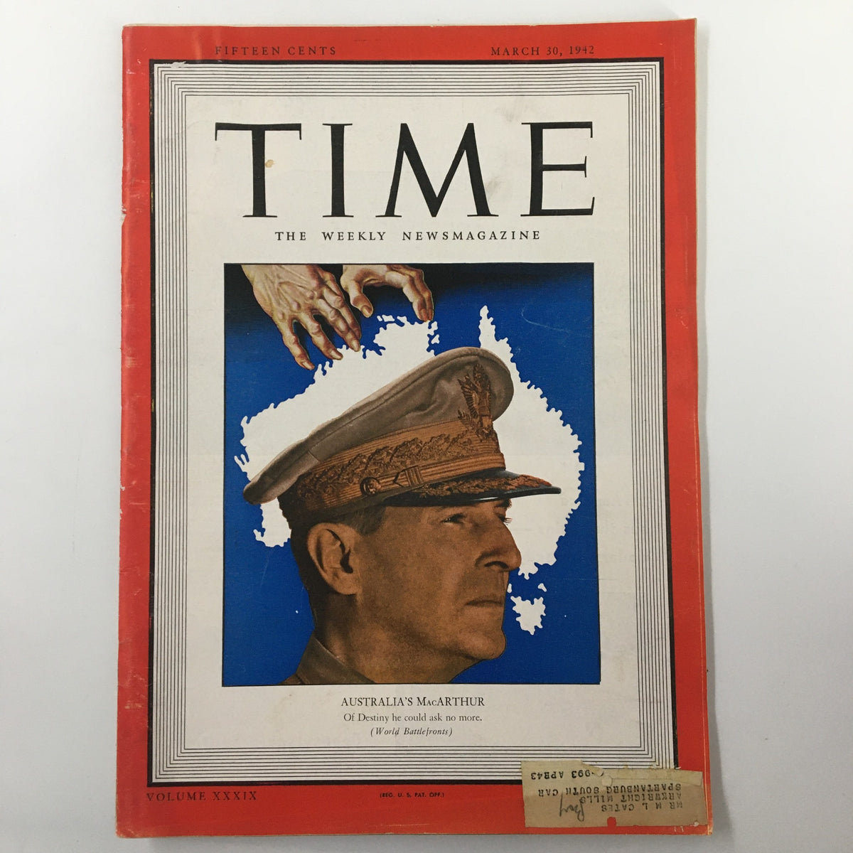 Vintage Time Magazine from March 30, 1942, Vol. 39 No. 13 featuring General Douglas MacArthur on the cover, showcasing historical moments of World War II.