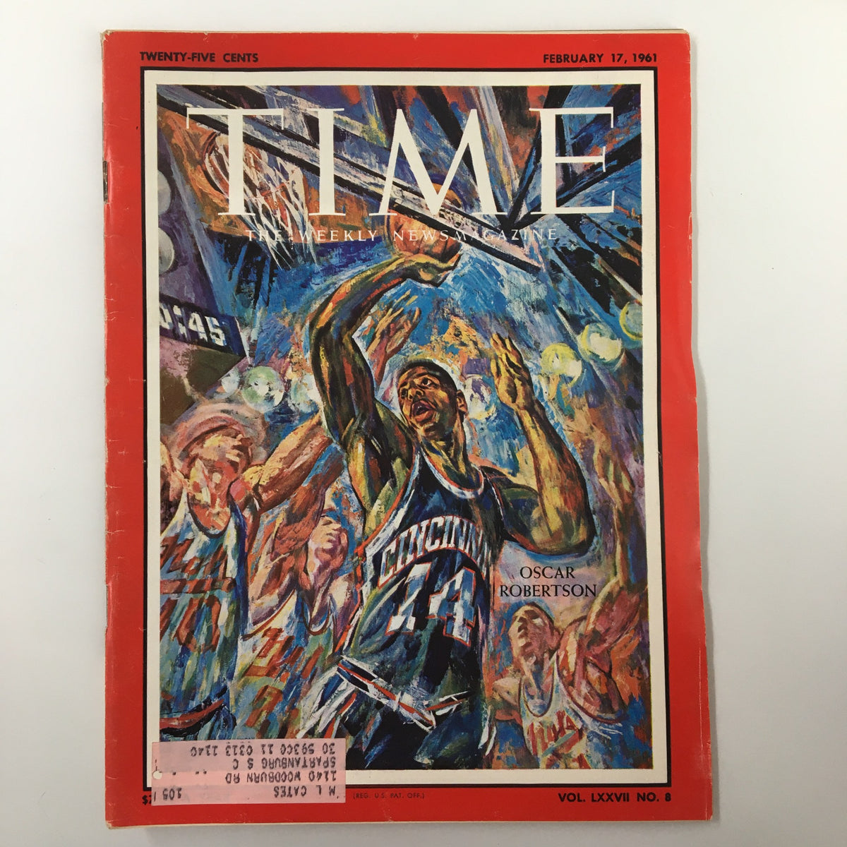 Cover of VTG Time Magazine February 17 1961 Vol. 77 No. 8 featuring Cincinnati's Oscar Robertson, showcasing a vibrant illustration of basketball action.