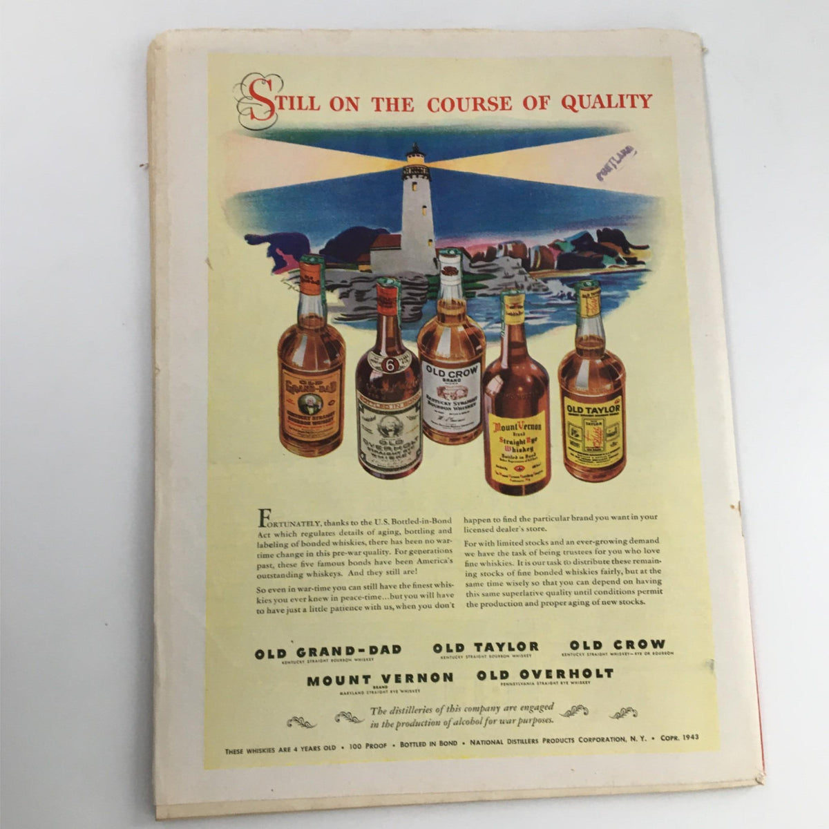 Back cover of Newsweek Magazine, August 9, 1943, featuring an advertisement for various whiskey brands with a colorful lighthouse illustration.