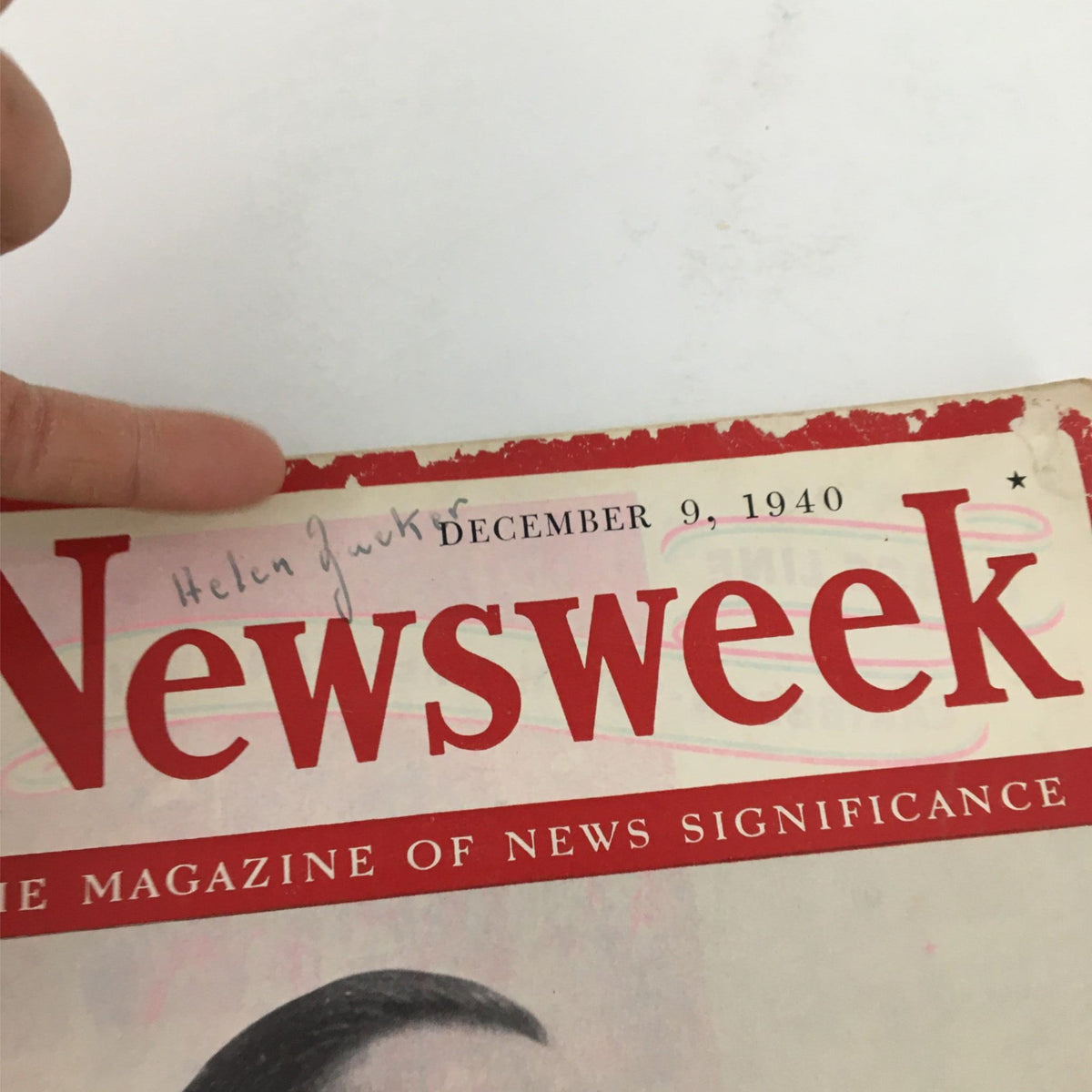Detail view of the Newsweek Magazine December 9, 1940 cover showcasing President Avila Camacho, with visible wear and handwritten notes.