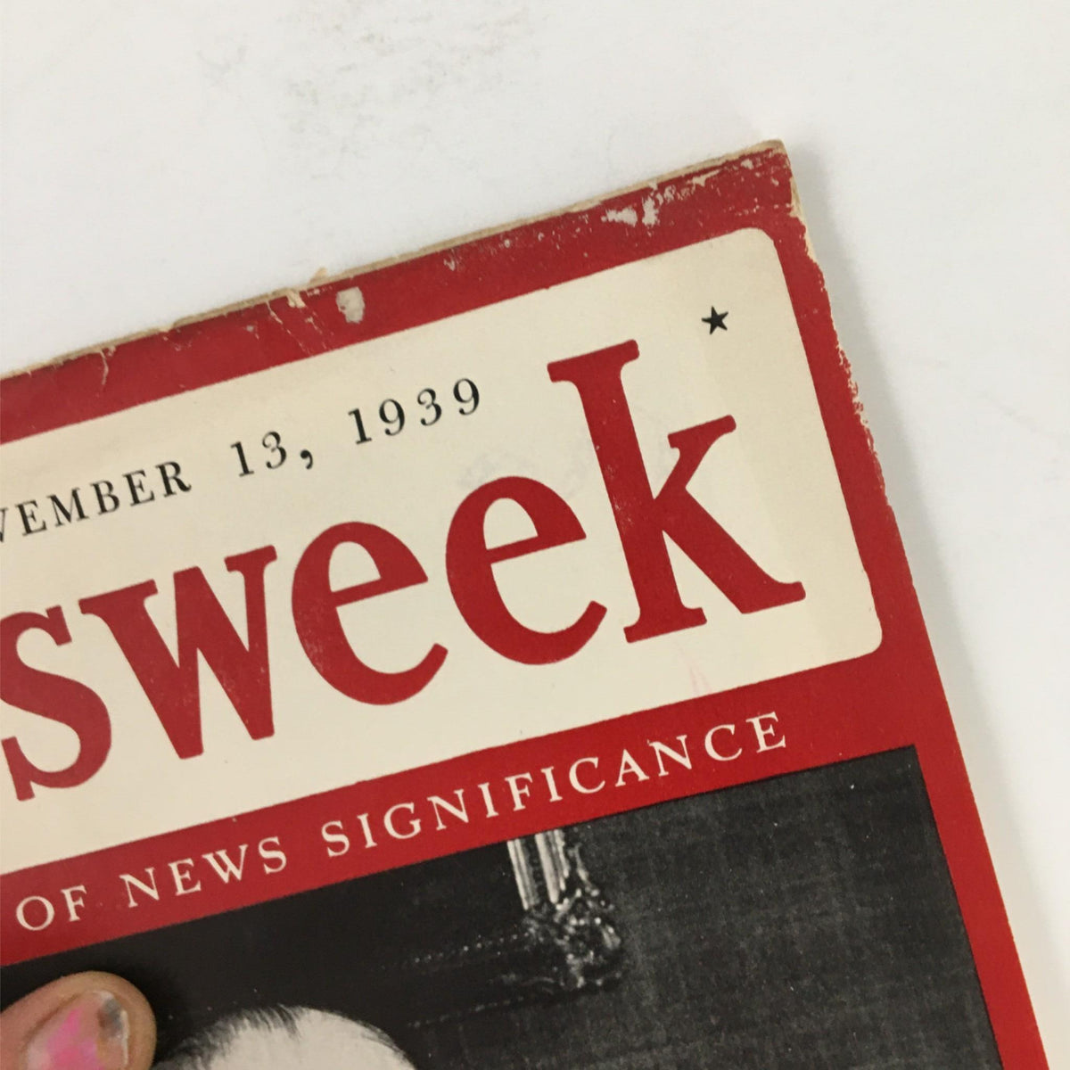 Close-up view of the title on the cover of Newsweek Magazine from November 13, 1939, showcasing the publication name and the date, relevant to the issue covering President Kyosti Kallio.