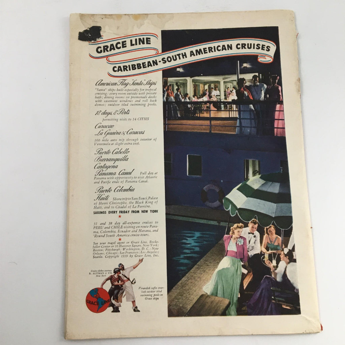 Back cover of the November 13, 1939, Newsweek Magazine highlighting Grace Line Caribbean-South American Cruises, illustrating the allure of travel during that era.