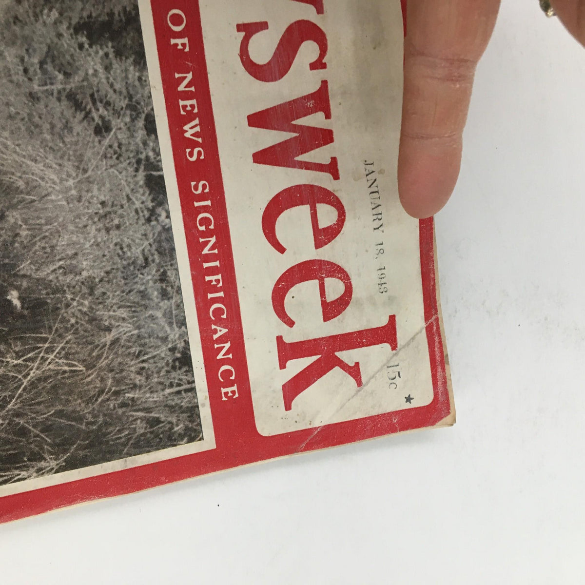Close-up of Newsweek Magazine cover dated January 18, 1943, showing detail of the title and date, with emphasis on its historical significance.