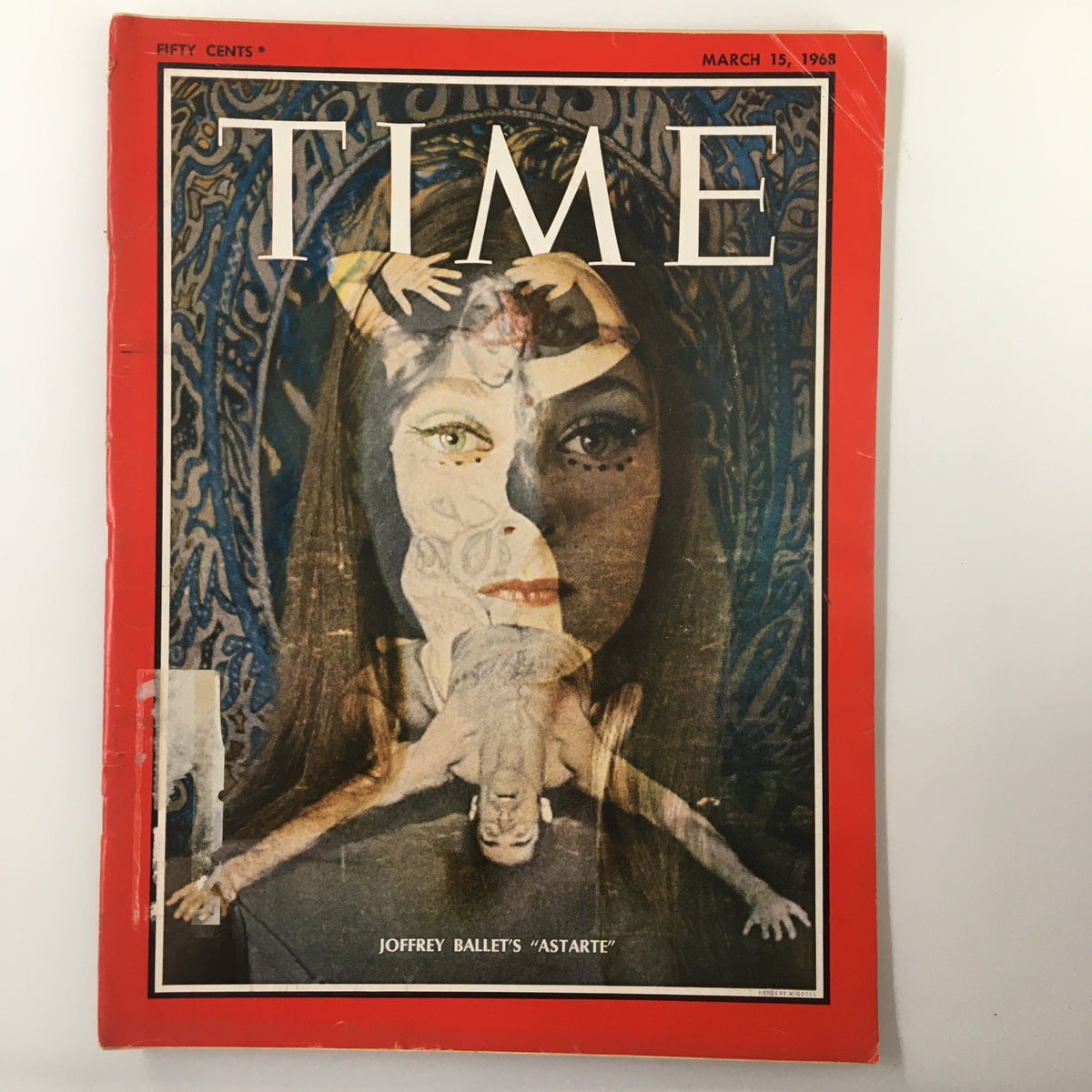 Vintage Time Magazine from March 15, 1968, featuring the Joffrey Ballet's production "Astarte" on the cover. The magazine's artwork depicts an artistic blend of dance elements and a woman's face, capturing the cultural essence of the late 1960s.