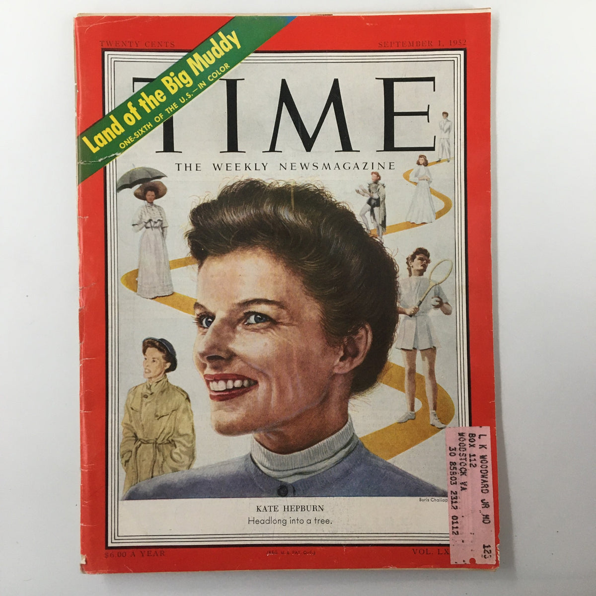 Time Magazine cover from September 1, 1952, featuring Kate Hepburn with the headline 'Headlong into a tree'. The magazine showcases Hepburn's smiling face and is surrounded by illustrations of other figures representative of the era.