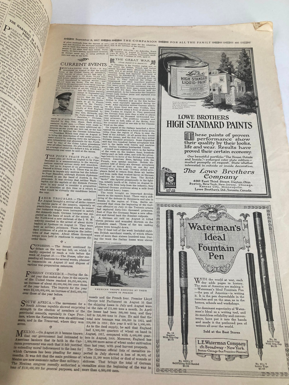 Page from the September 6, 1917 VTG The Youth's Companion Magazine showcasing current events and advertisements, enhancing its historical value.
