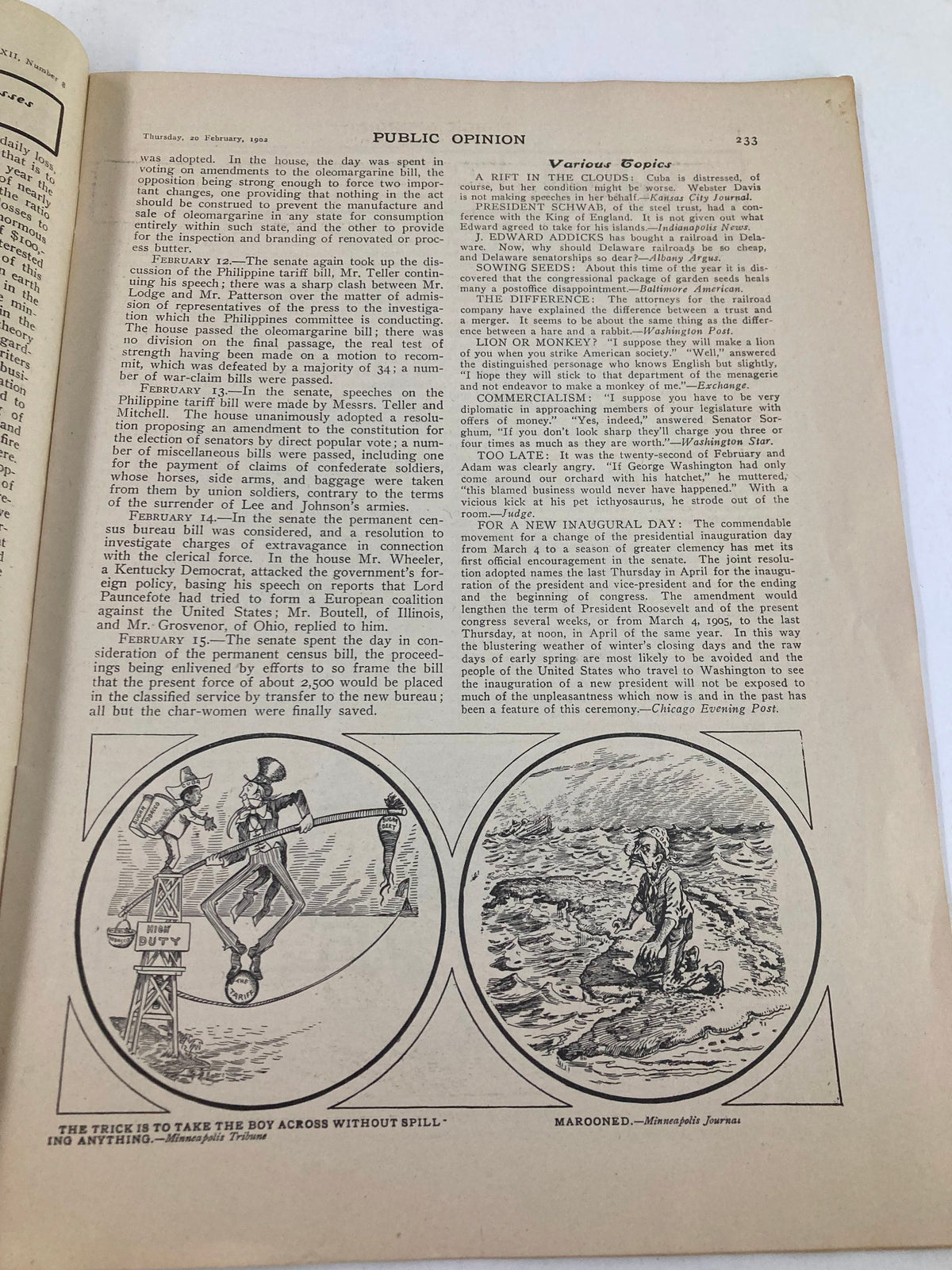 VTG Public Opinion Magazine February 20 1902 interior page showcasing articles and illustrations, highlighting the content and historical context of the magazine.