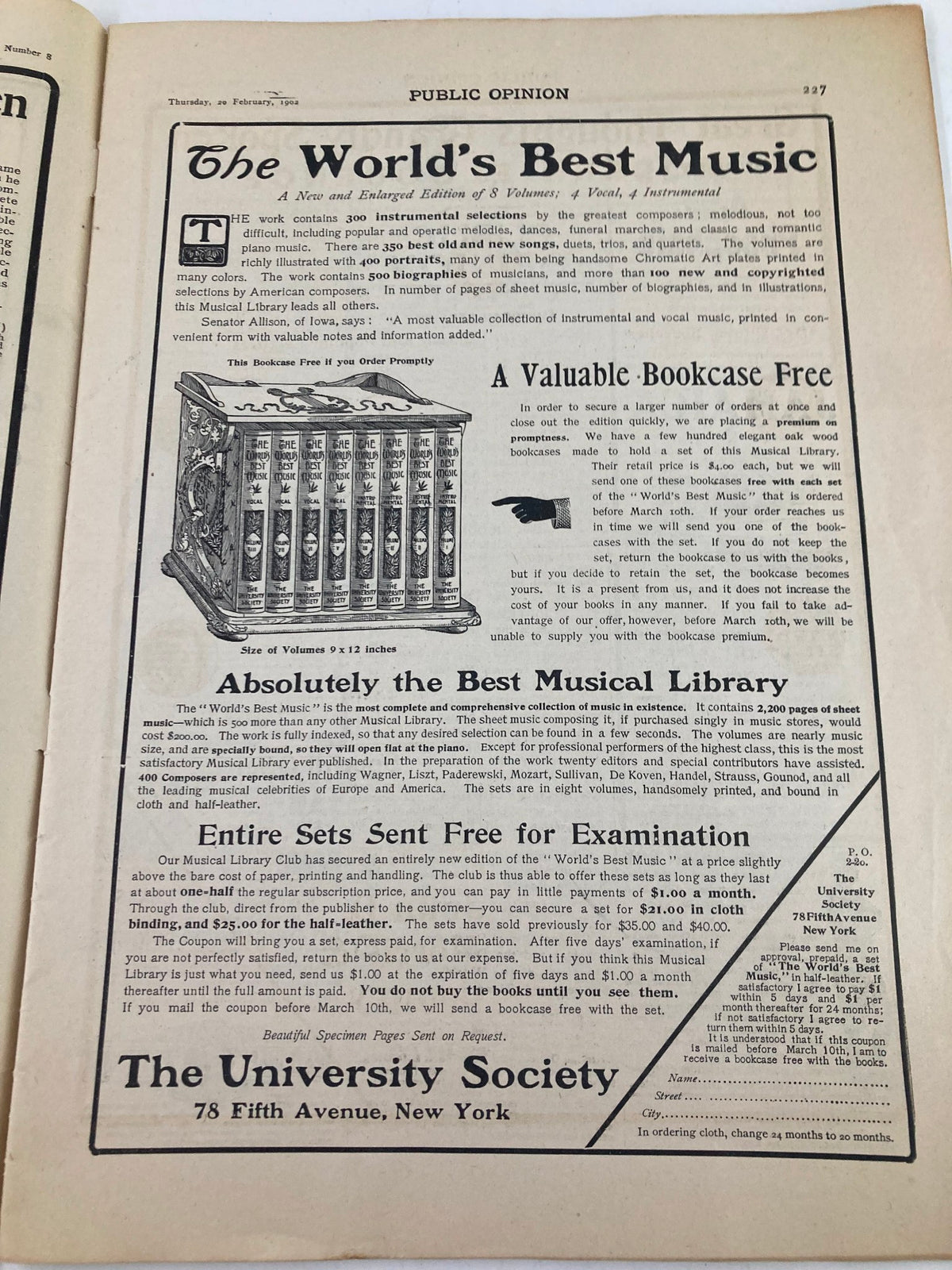 VTG Public Opinion Magazine February 20 1902 - An advertisement for The World's Best Music featuring a valuable bookcase offer and promoting the University Society, New York.
