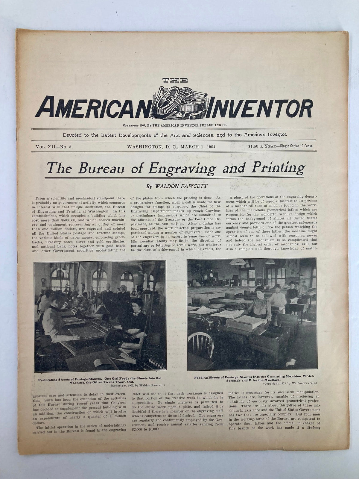 Cover page of VTG The American Inventor Magazine dated March 1, 1904, featuring the title and article 'The Bureau of Engraving and Printing' by Waldon Fawcett.