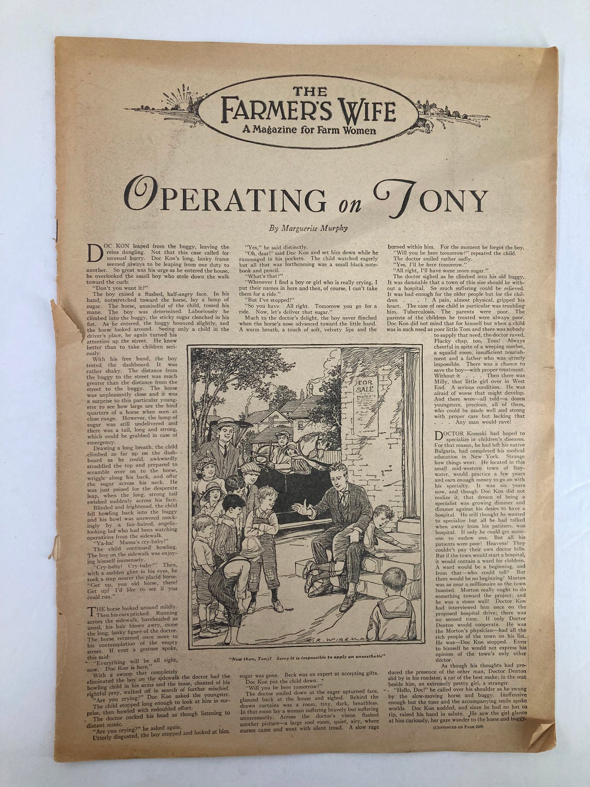 Cover page of VTG The Farmer's Wife Magazine July 1925 featuring the article titled 'Operating on Tony' by Marguerite Murphy, showcasing illustrations and scenes of rural life.