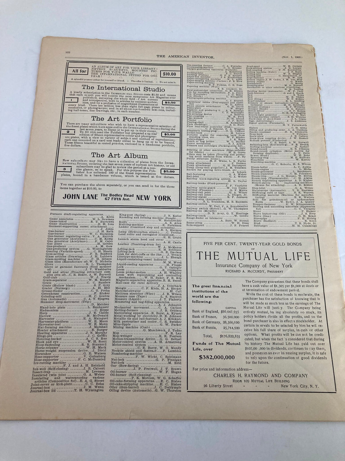 Page from VTG The American Inventor Catalog, November 1, 1903, listing advertisements, including The Mutual Life Insurance Company of New York, showcasing the magazine as a resource for historical businesses.