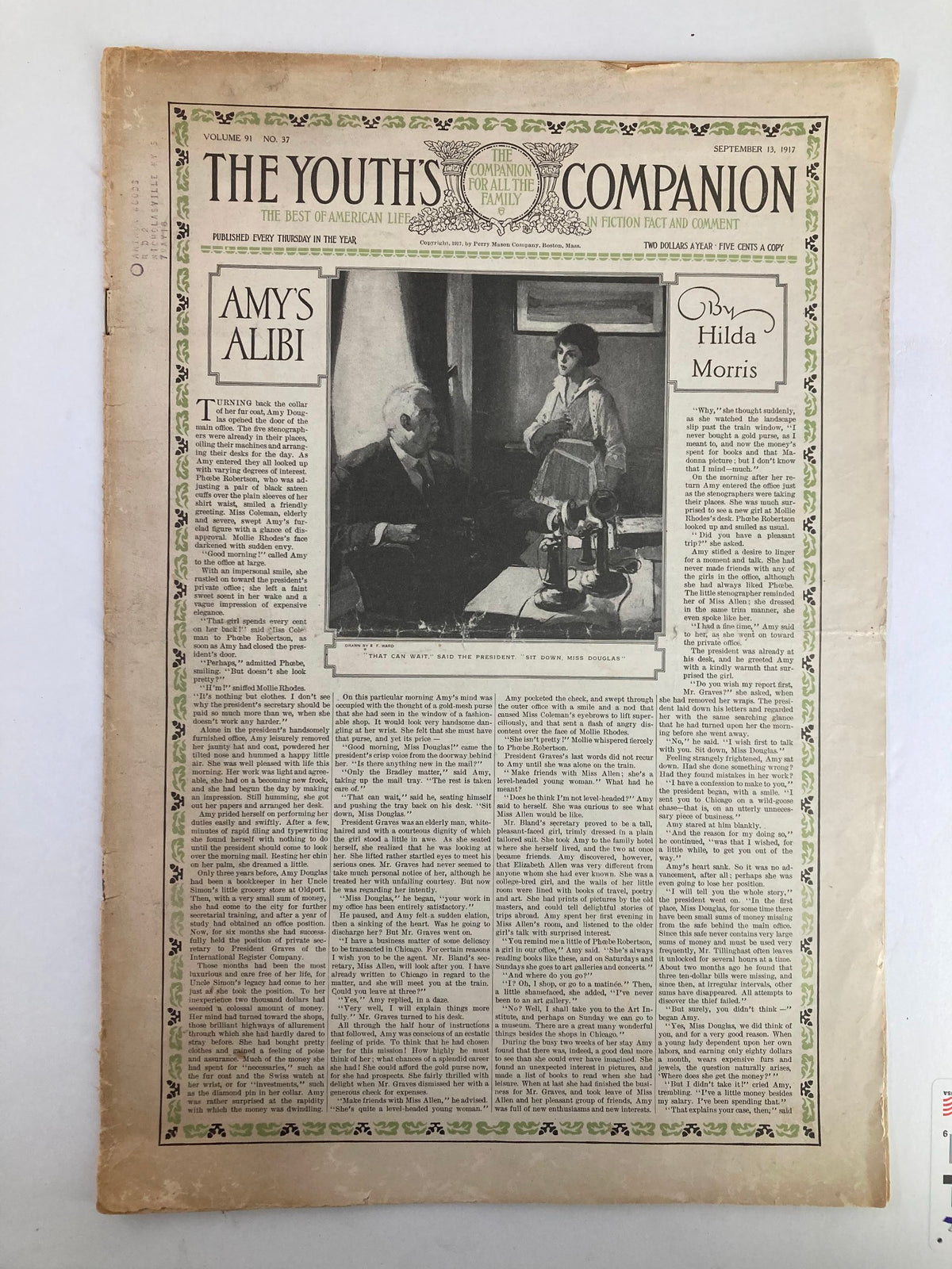 Cover of VTG The Youth's Companion Magazine September 13, 1917 featuring 'Amy's Alibi' by Hilda Morris, showcasing vintage literary design.