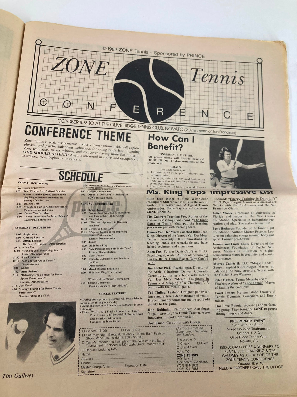 VTG Inside Tennis Magazine October 1982 featuring the Zone Tennis Conference schedule and lineup, showcasing a detailed agenda and highlights from various tennis experts.