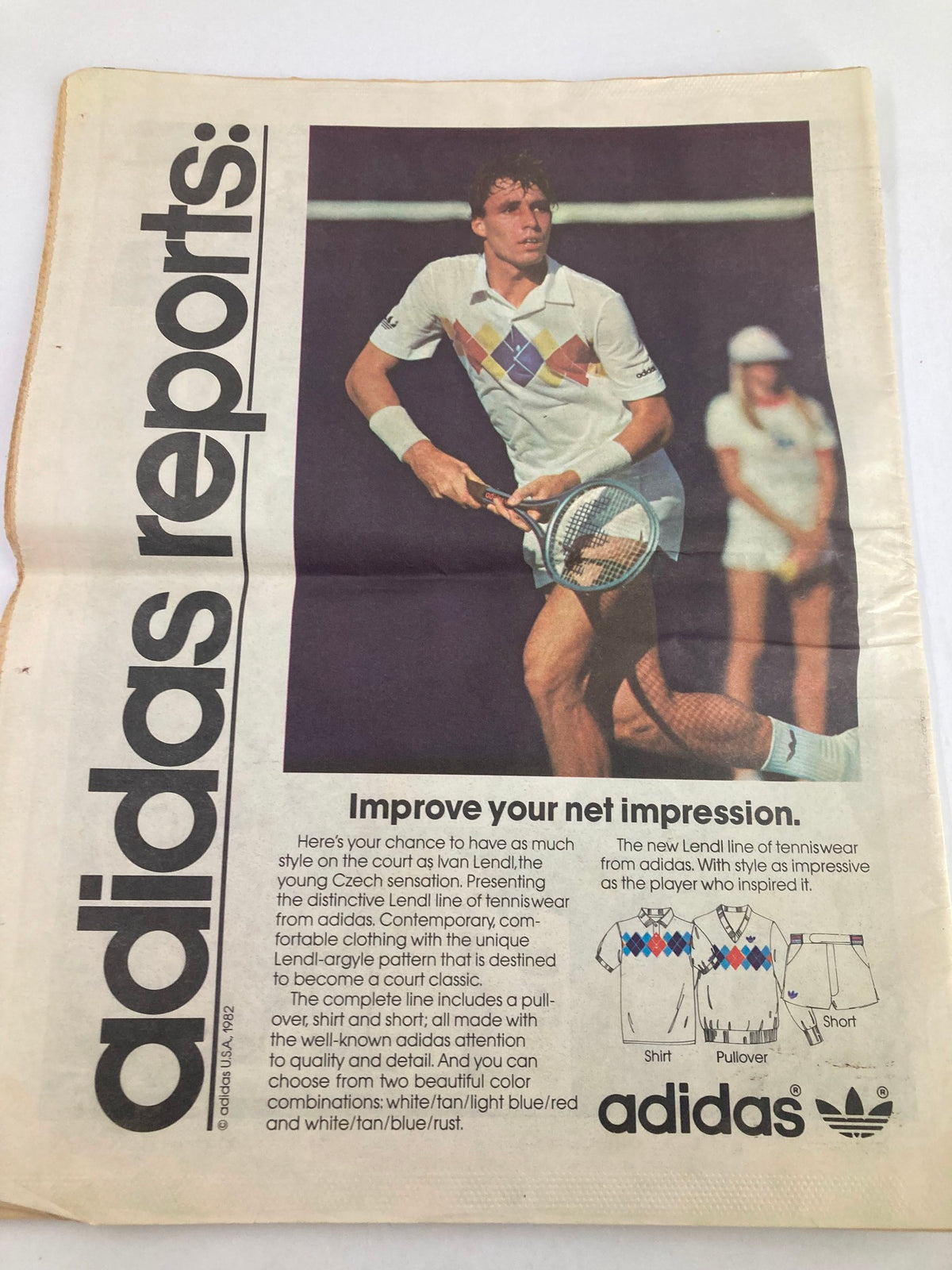 VTG Inside Tennis Magazine October 1982 advertisement for Adidas featuring tennis player Ivan Lendl in distinctive tennis wear, promoting a stylish Lendl-inspired line of sports clothing.