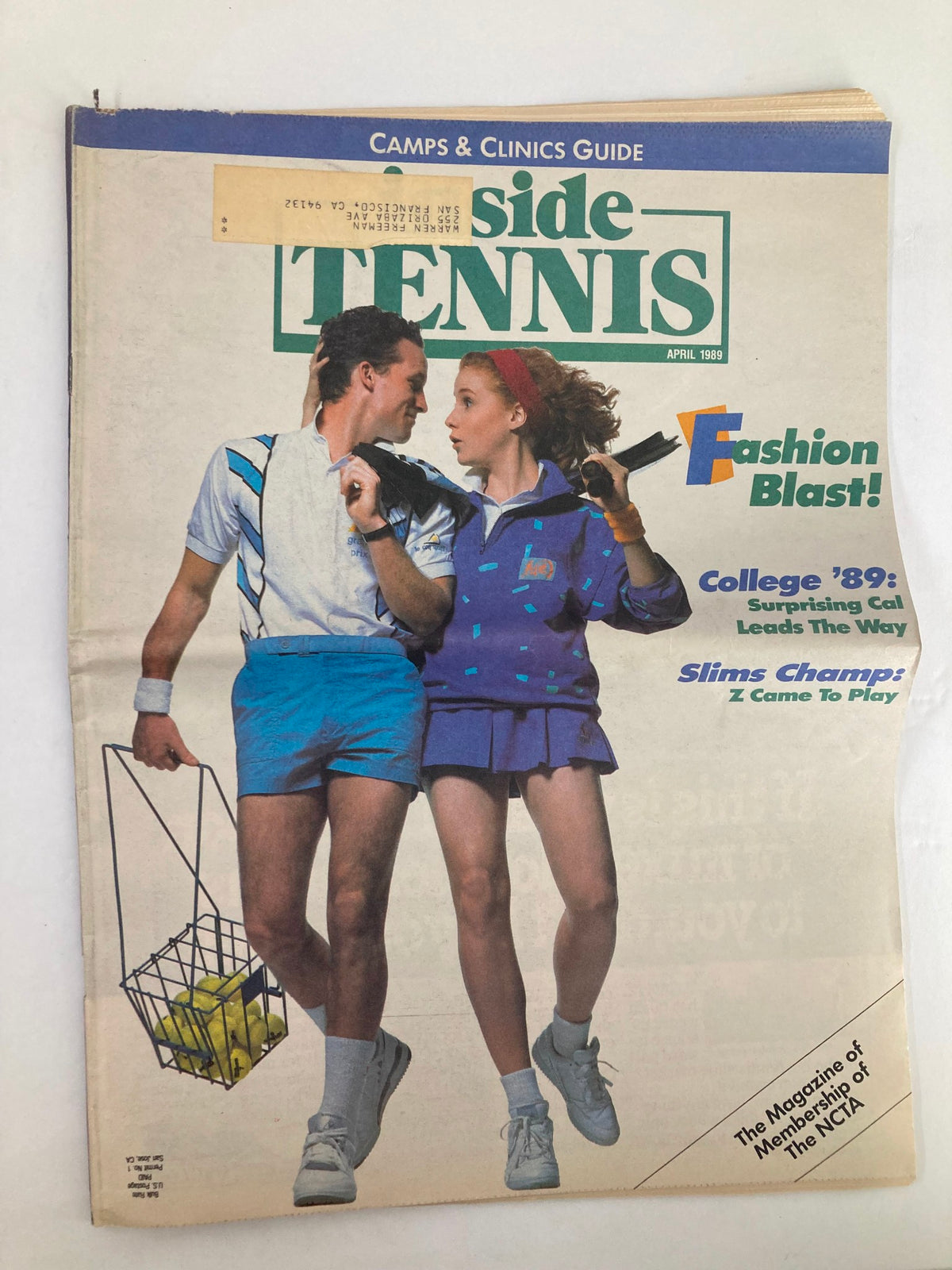 Cover of VTG Inside Tennis Magazine April 1989 featuring two tennis players in vintage outfits, showcasing the theme 'Slims Champs: Z Came To Play' with a fashion highlight.
