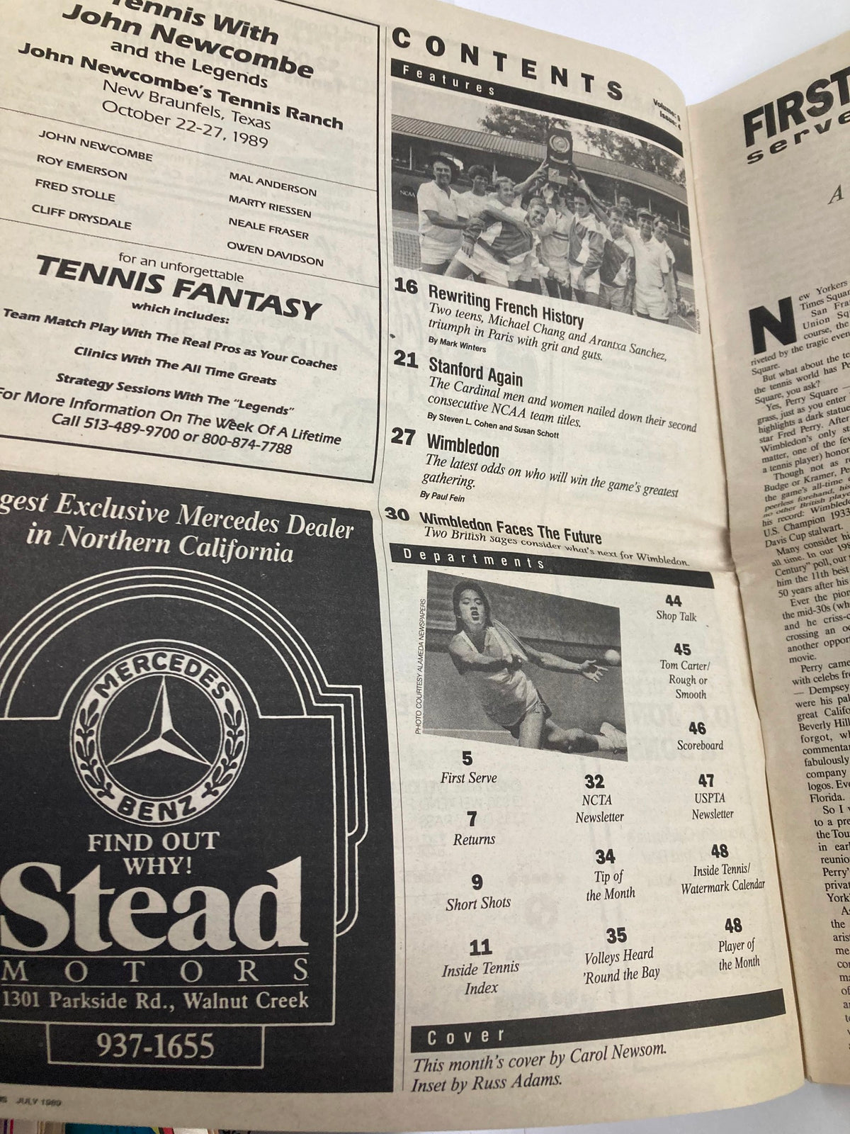 Contents page of Inside Tennis Magazine July 1989, displaying various articles including features on French history in tennis and highlights from Stanford's NCAA wins. The layout is vintage reflecting the style of late '80s sporting publications.