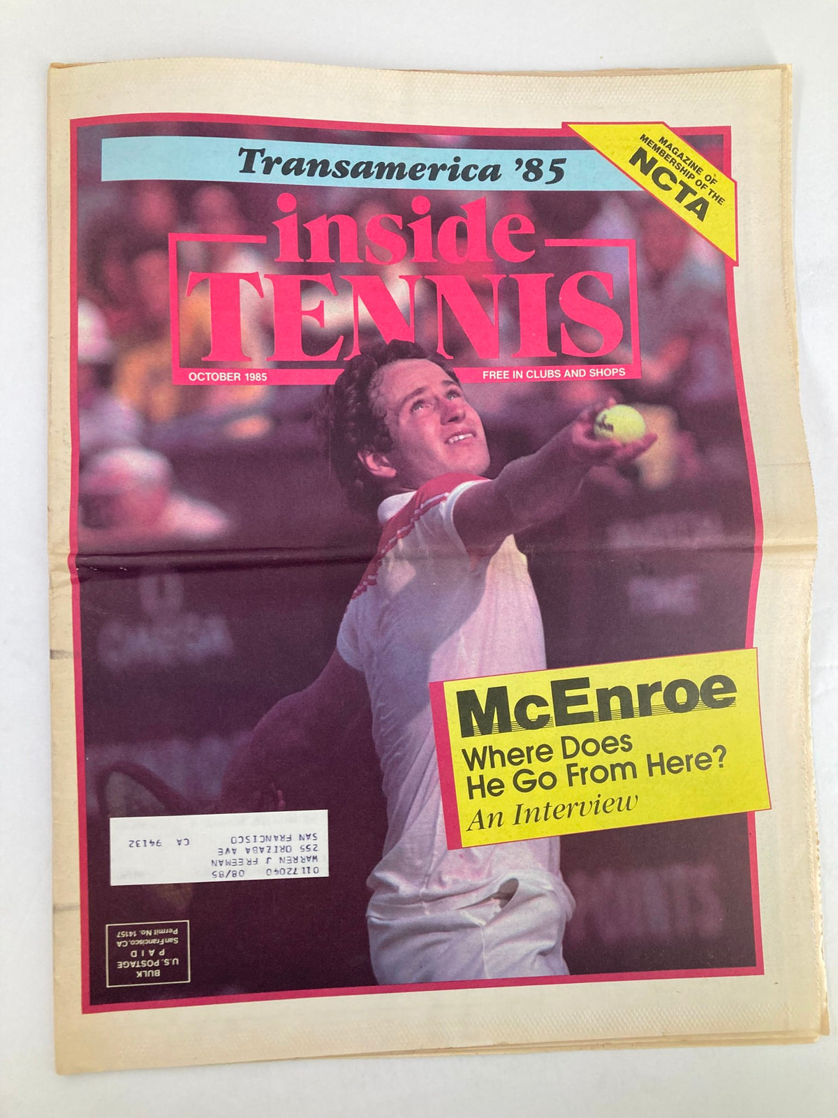 Cover of the VTG Inside Tennis Magazine from October 1985 featuring an interview with John McEnroe, showcasing a dynamic tennis pose and vibrant graphics.