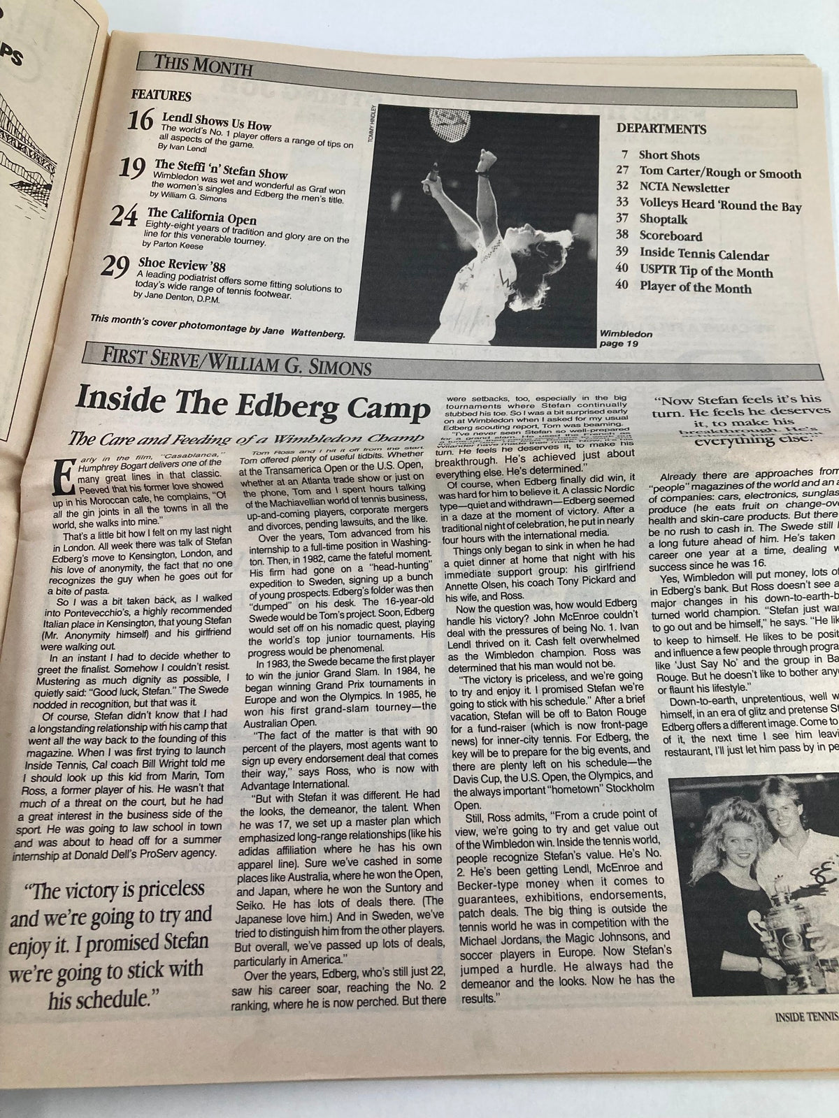 Interior page of VTG Inside Tennis Magazine August 1988 featuring an article titled 'Inside The Edberg Camp', discussing the career of tennis player Stefan Edberg with an accompanying photo.
