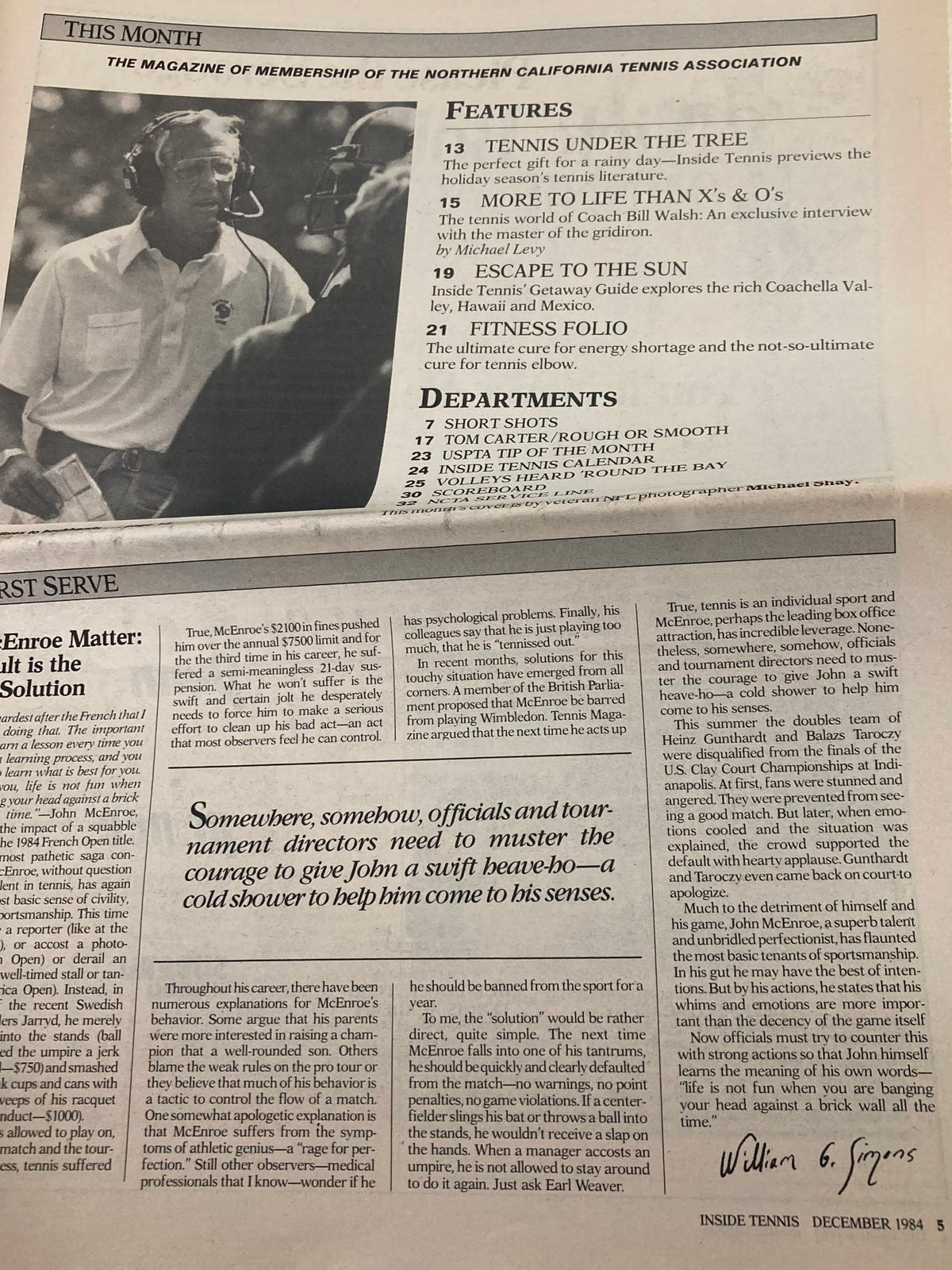Inside Tennis Magazine December 1984 page featuring an article about John McEnroe's behavior, discussing the psychological aspects of his game, with emphasis on the challenges he faced during the 1984 French Open.