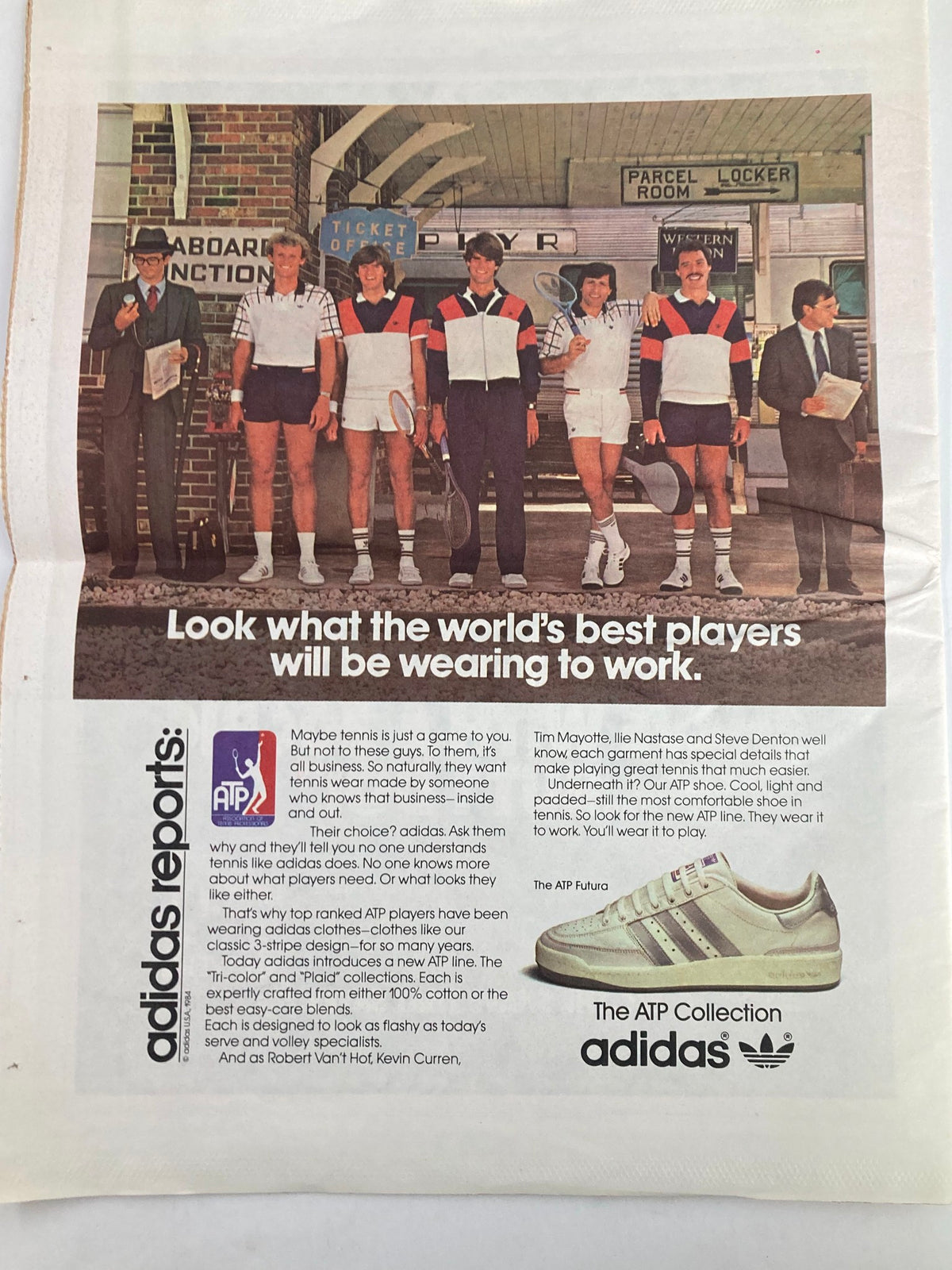 Inside Tennis Magazine December 1984 advertisement showcasing top ATP players, including Tim Mayotte, Ilie Nastase, and Steve Denton, wearing Adidas tennis apparel, illustrating the intersection of fashion and professional tennis.