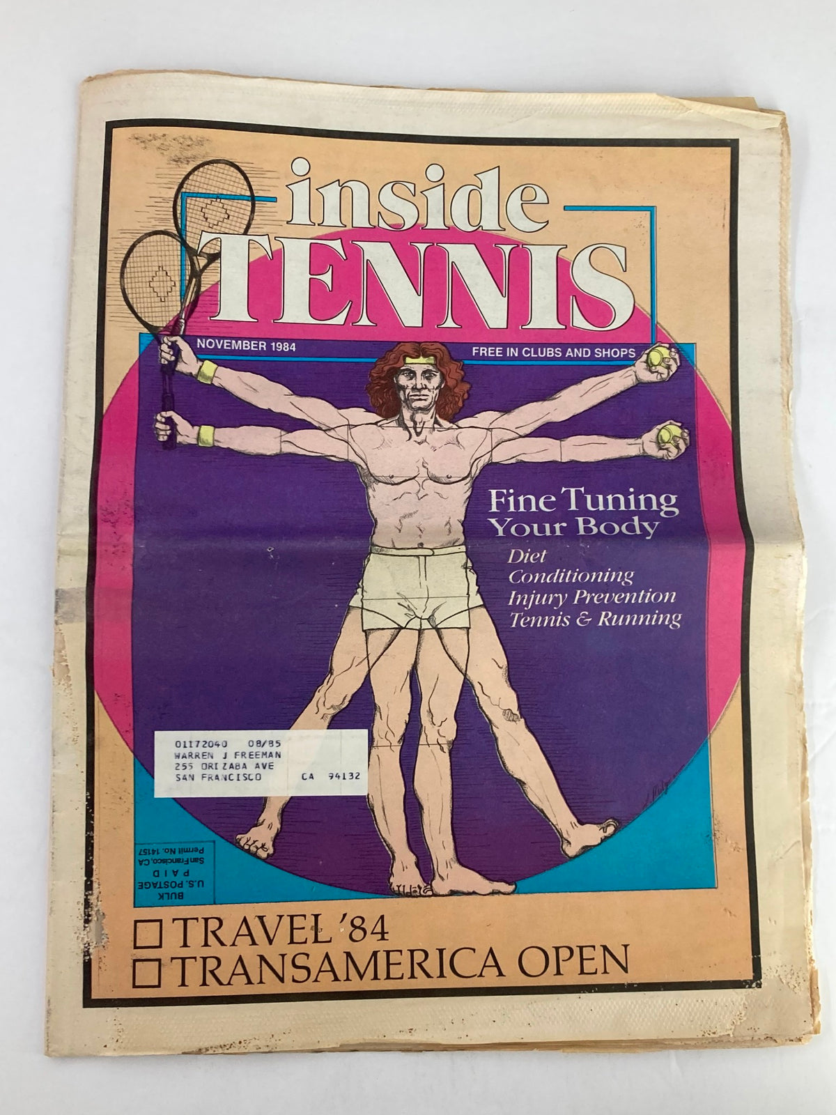 Cover of Inside Tennis Magazine November 1984 featuring a portrayal of a muscular man with tennis rackets, showcasing the theme 'Fine Tuning Your Body'.