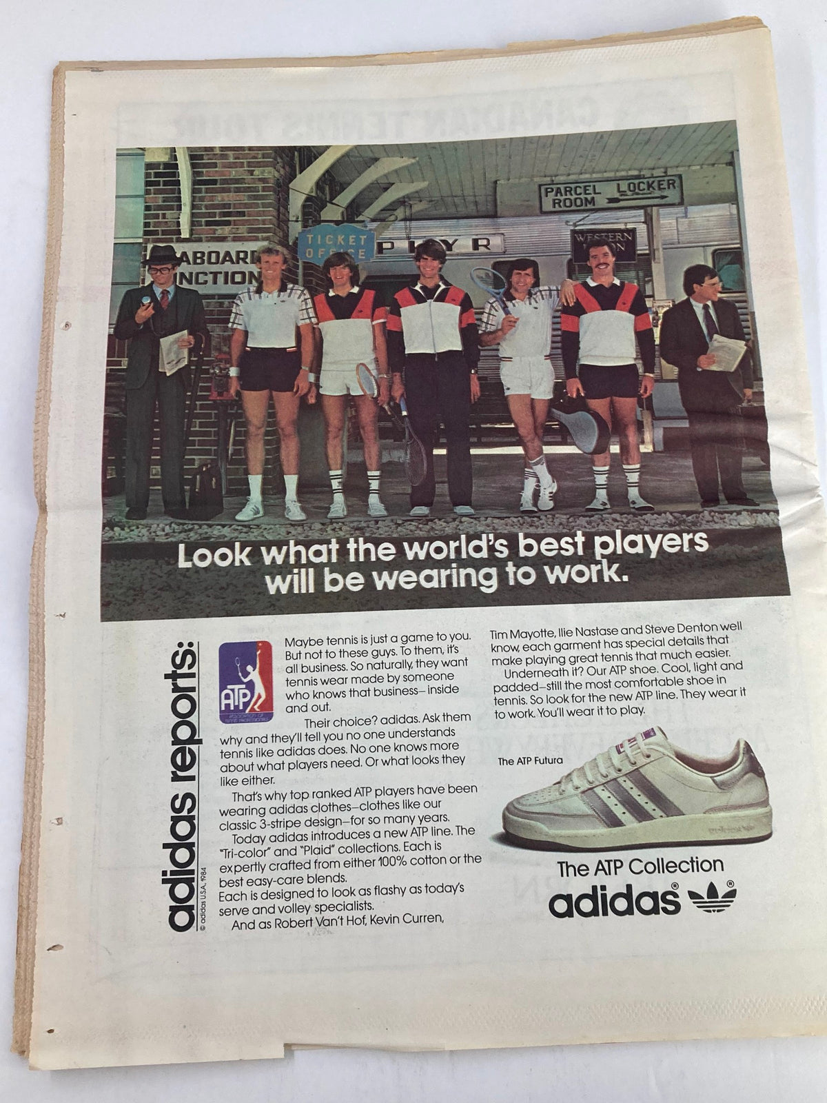 Vintage Inside Tennis Magazine ad featuring tennis players in adidas apparel, illustrating the ATP collection, with the title 'VTG Inside Tennis Magazine June 1984 Ivan Lendl Behind the Not-So-Mean Machine'.