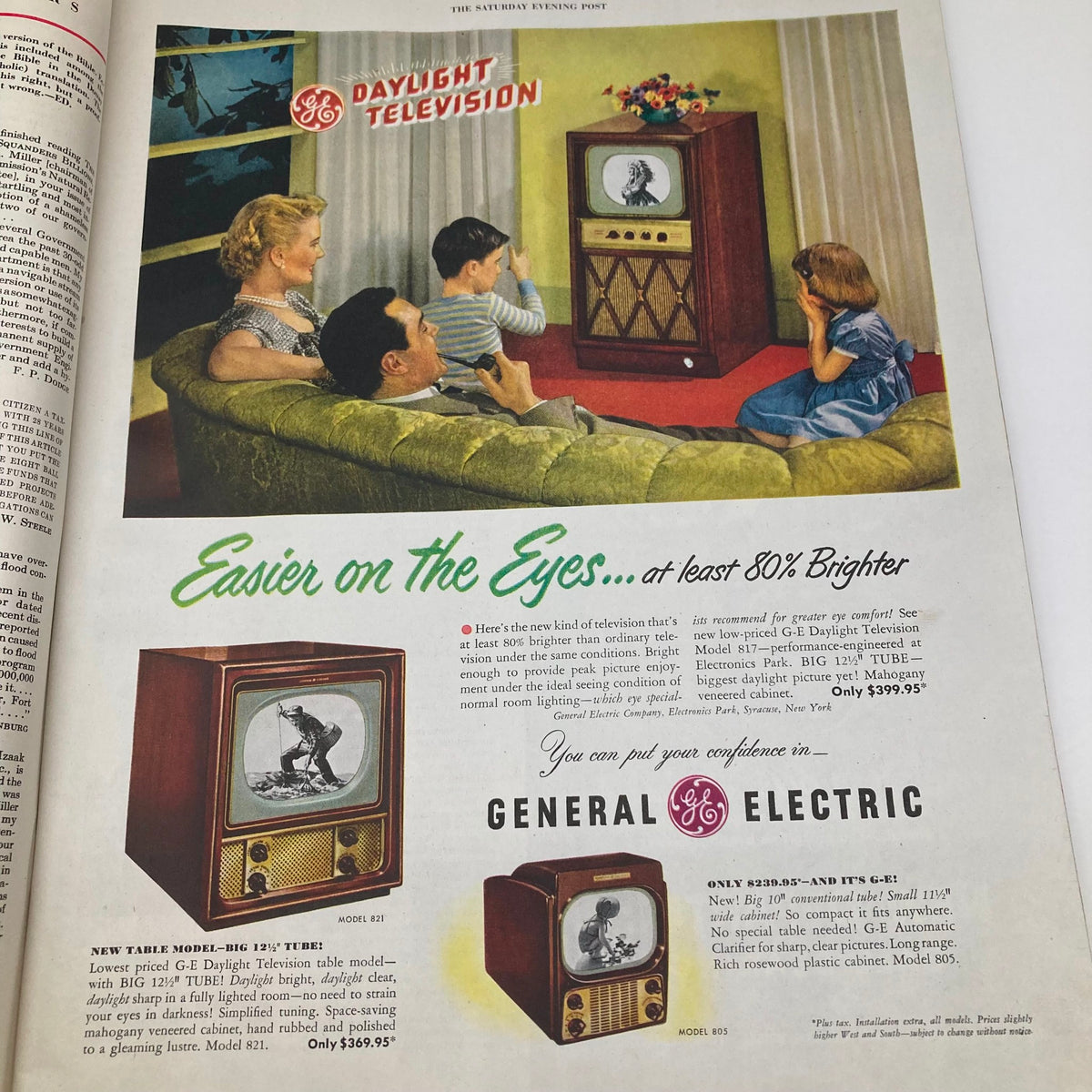 Advertisement for General Electric Daylight Television featured in the Saturday Evening Post Magazine June 25 1949, showcasing a family watching television together.