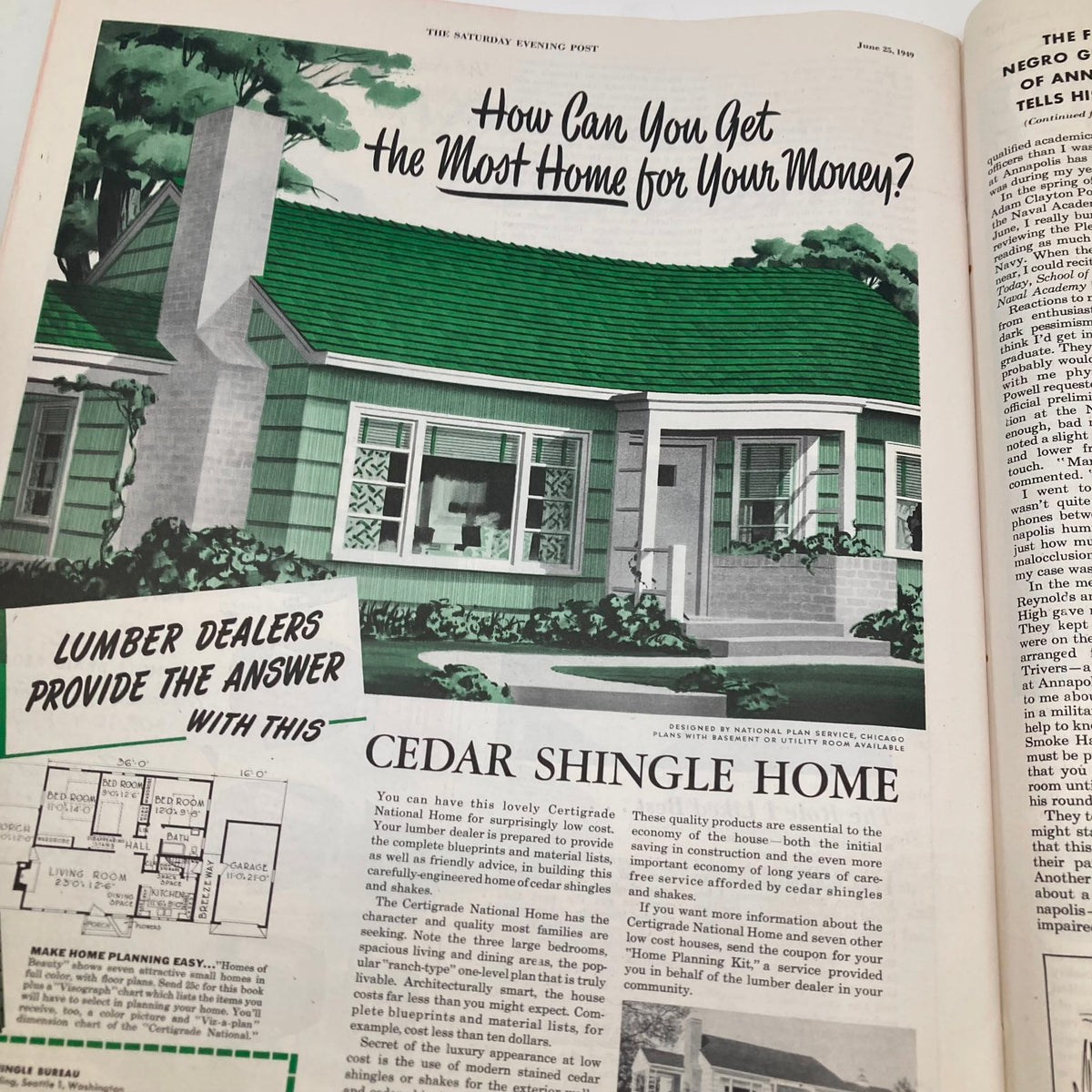 Home improvement advertisement in the Saturday Evening Post Magazine June 25 1949, presenting a cedar shingle home with planning advice for homeowners.