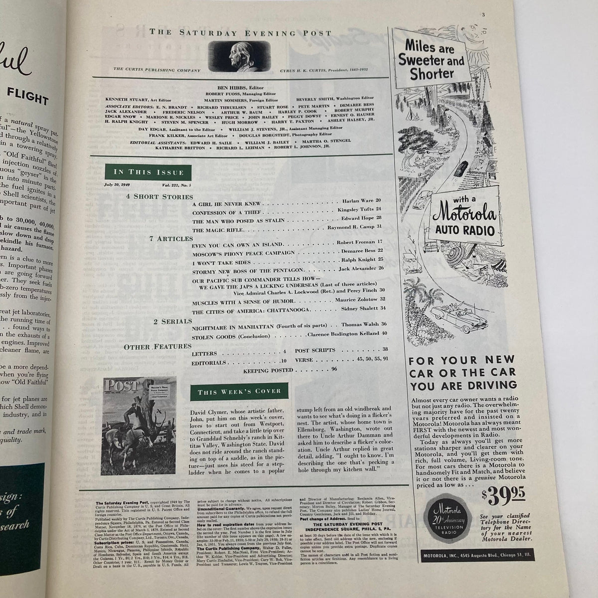 Inside page of Saturday Evening Post Magazine from July 30, 1949, displaying the table of contents and listing featured articles and stories.