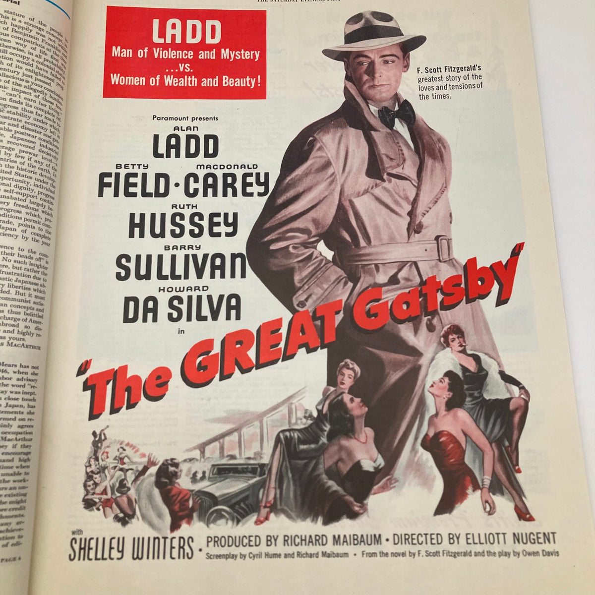 Advertisement for 'The Great Gatsby' film in the Saturday Evening Post Magazine from July 30, 1949, showcasing Alan Ladd and notable cast members.