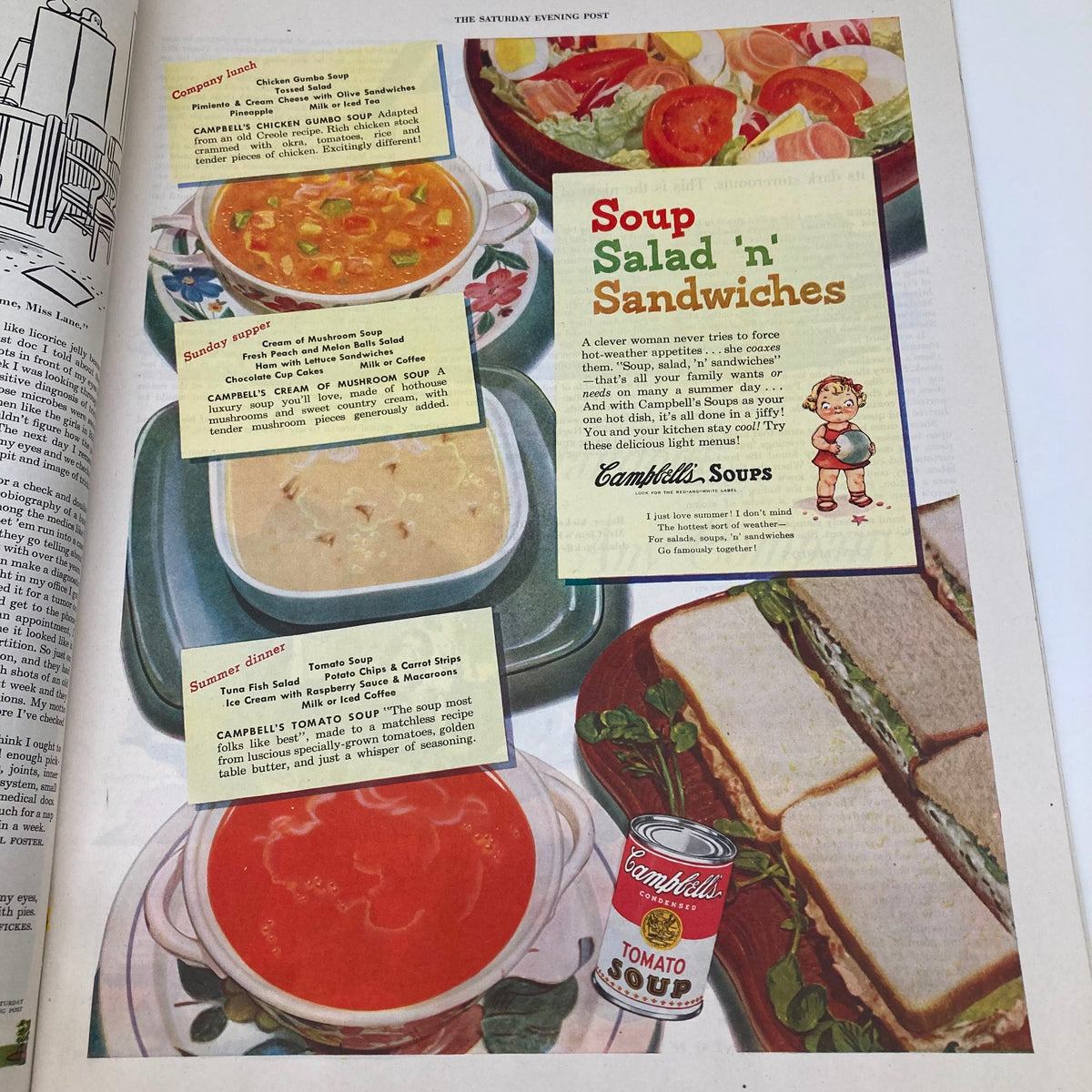 Food advertisement page in Saturday Evening Post Magazine from July 30, 1949, promoting Campbell's Soups with colorful images of various soups and sandwiches.