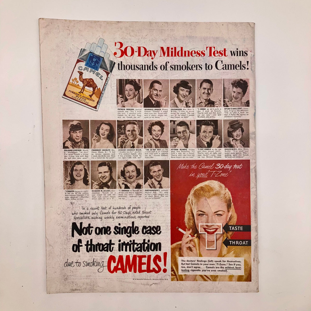 Vintage advertisement featuring the '30-Day Mildness Test' for Camels cigarettes with photos of participants and the tagline 'Not one single case of throat irritation due to smoking CAMELS!'. Includes iconic July 30, 1949 Saturday Evening Post Magazine illustrated cover by David Clymer.
