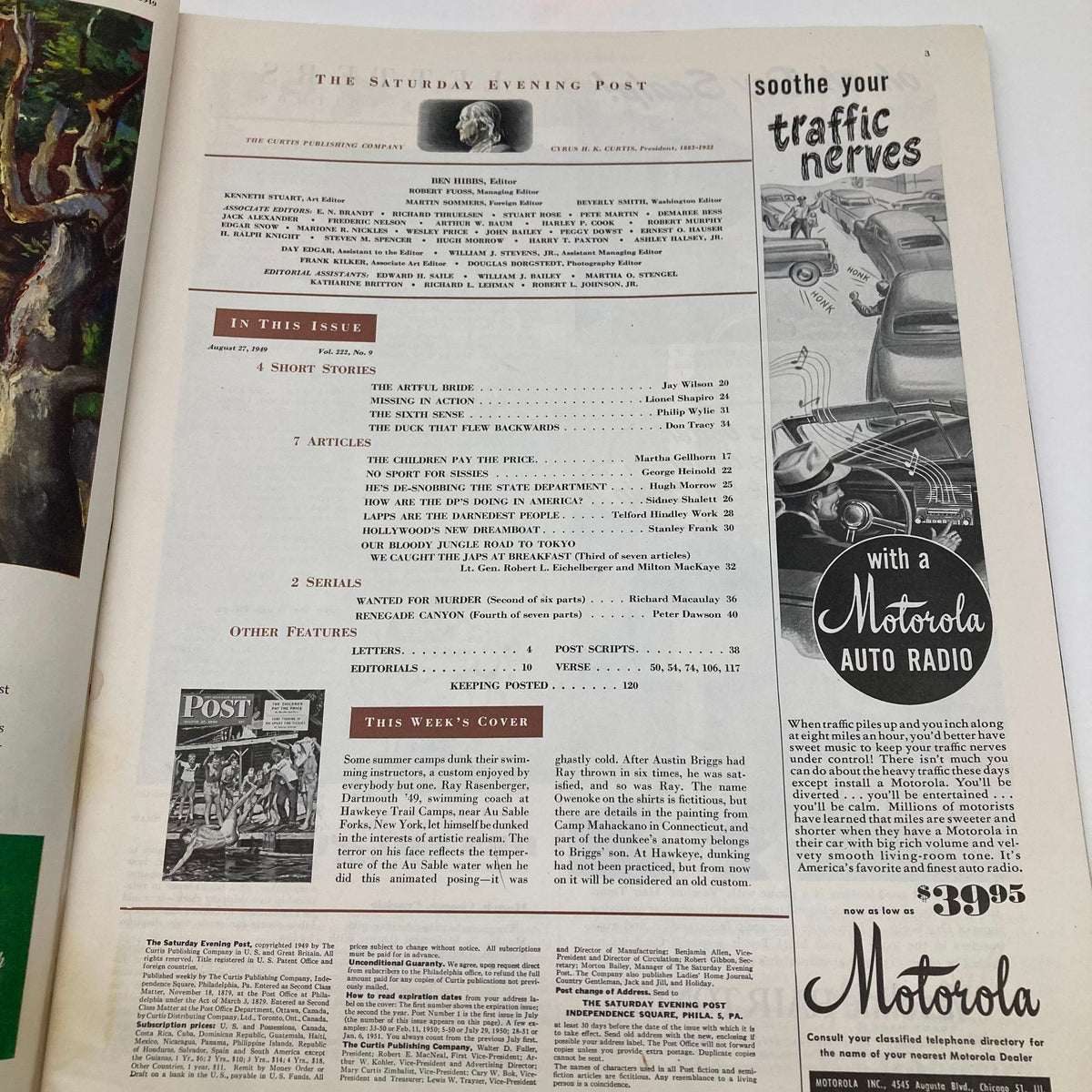 Inside page of Saturday Evening Post Magazine from August 27, 1949, displaying the table of contents and articles featured in that issue.