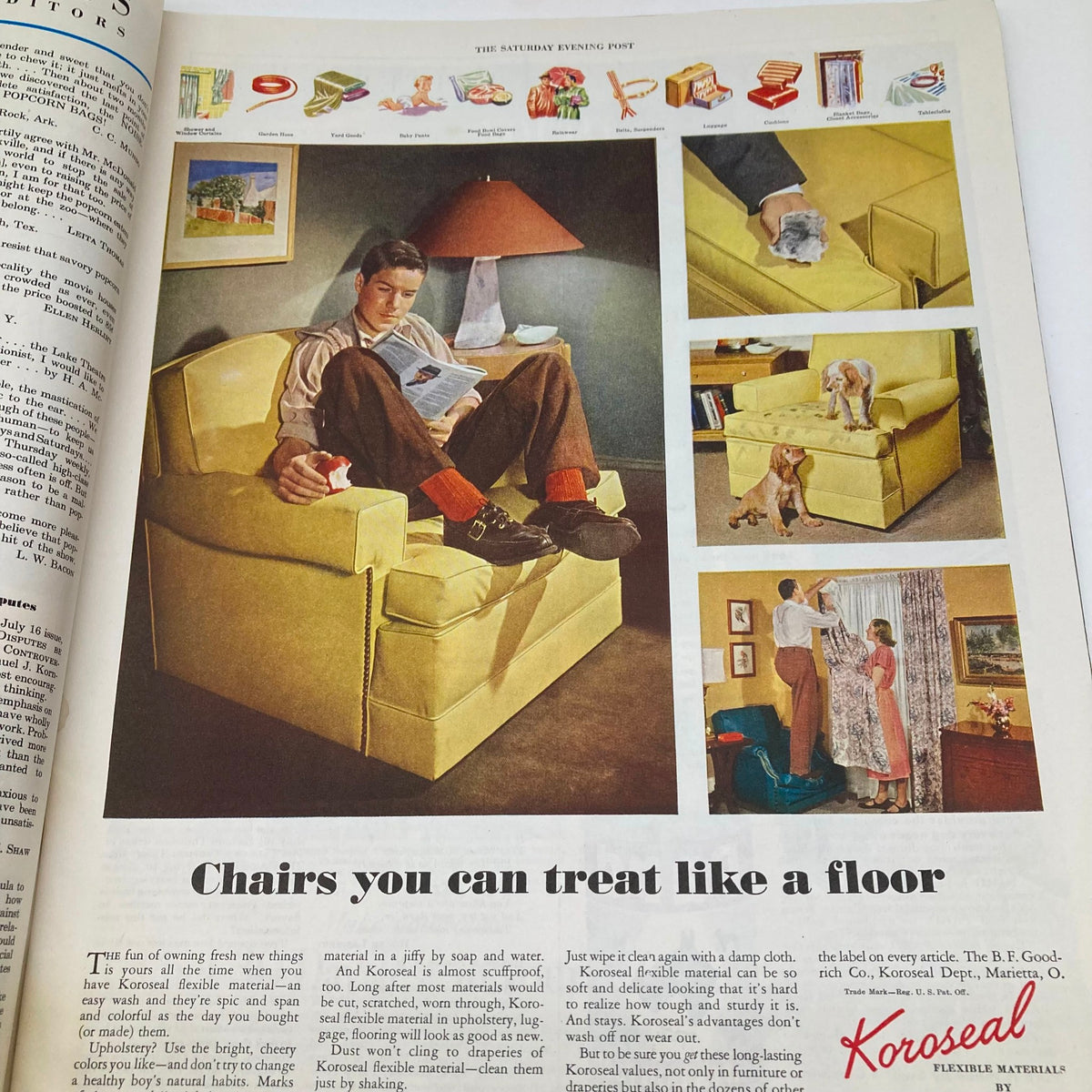 Page from Saturday Evening Post Magazine dated August 27, 1949, highlighting an advertisement for Koroseal upholstery featuring a young man relaxing in a modern living room.