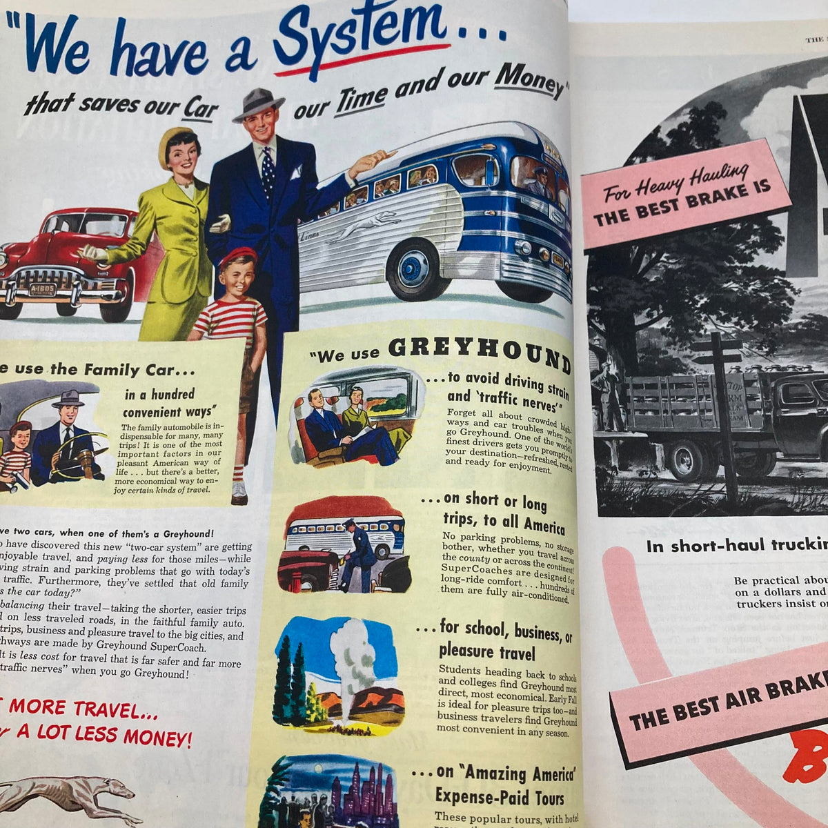 Spread in Saturday Evening Post Magazine from August 27, 1949, showcasing a travel ad focusing on family convenience and Greyhound bus travel.