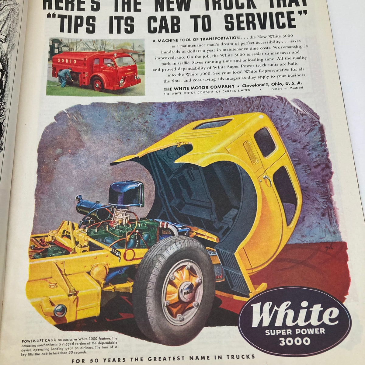 Advertisement for White Super Power 3000 trucks in the Saturday Evening Post Magazine from July 23, 1949, featuring the innovative Power-Lift Cab design.