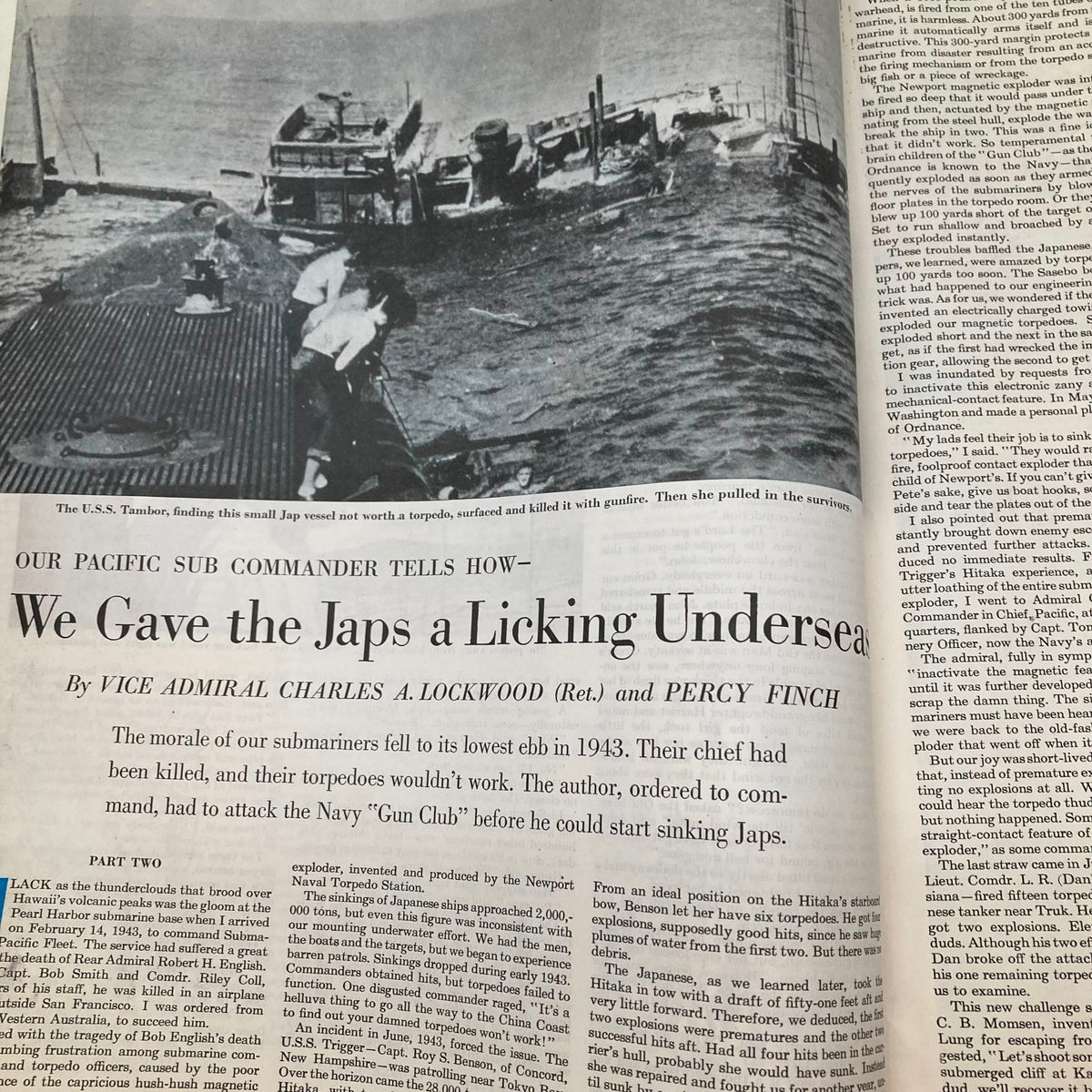 Inside the Saturday Evening Post Magazine July 23 1949, showcasing the article 'We Gave the Japs a Licking Undersea' by Vice Admiral Charles A. Lockwood, featuring a historical photograph related to World War II.