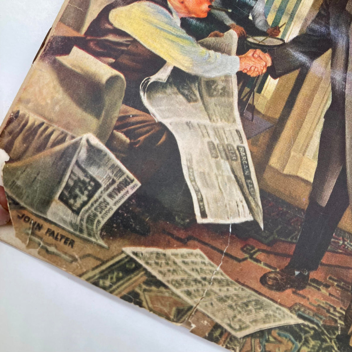 Illustration from Saturday Evening Post Magazine February 5, 1949 featuring two men shaking hands, depicting a classic 1940s interaction.