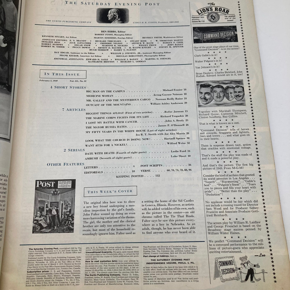 Inside page of Saturday Evening Post Magazine February 5 1949 featuring table of contents and highlights of articles.