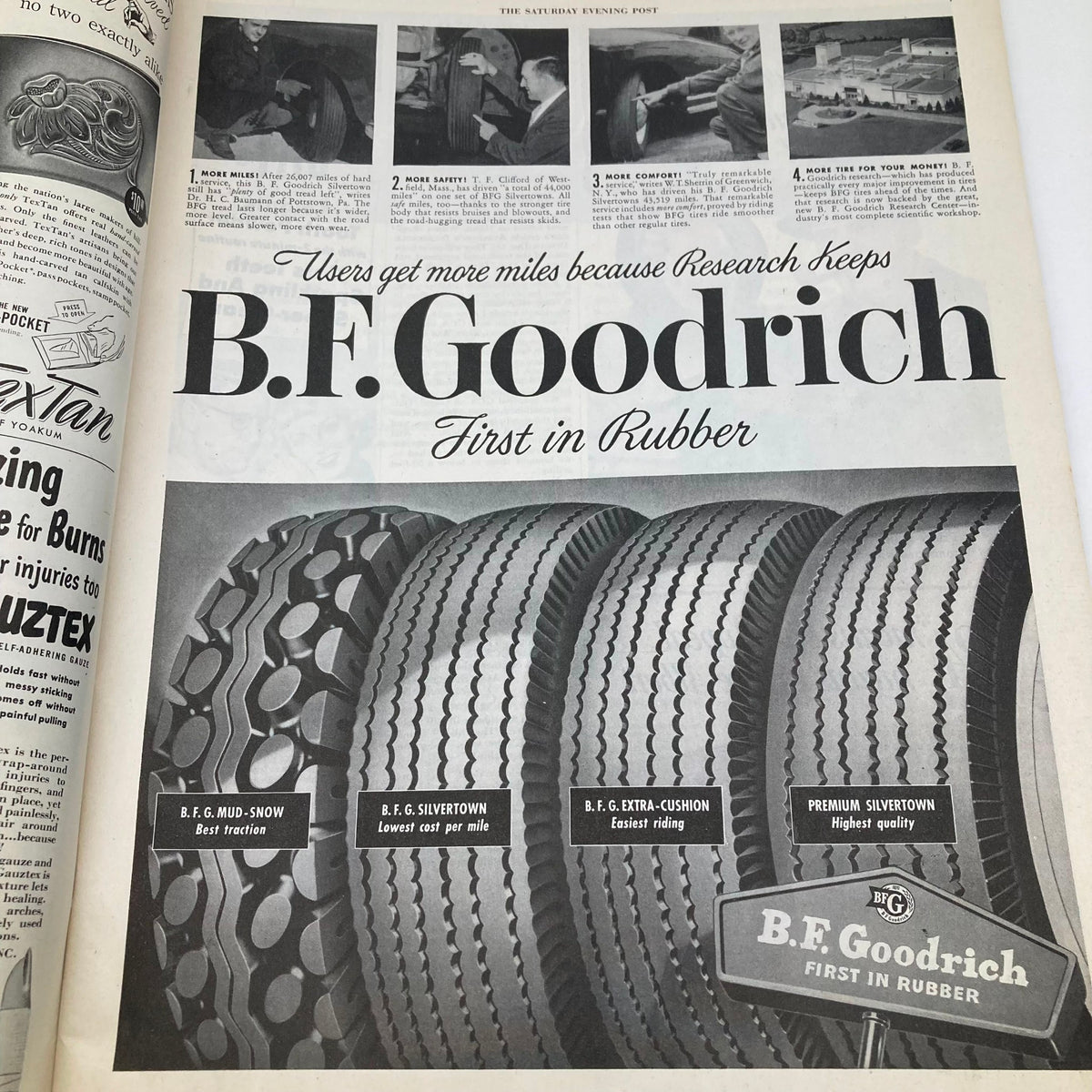 Advertisement for B.F. Goodrich tires in Saturday Evening Post Magazine February 5 1949 showcasing different tire types.