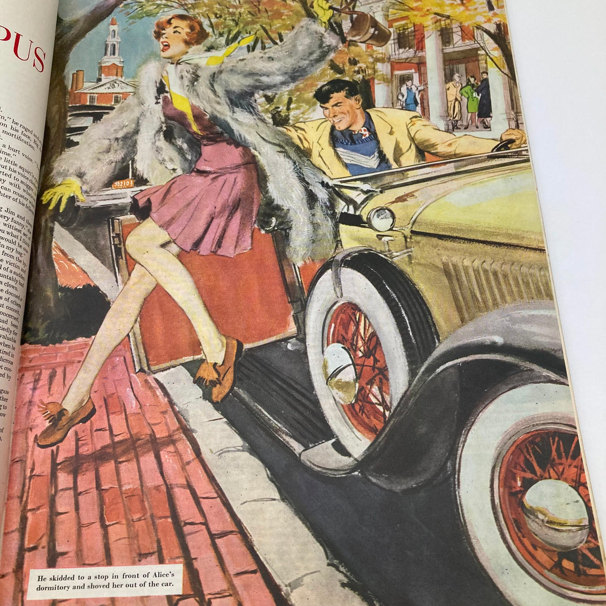 Illustrated scene of a woman getting out of a vintage car in Saturday Evening Post Magazine February 5 1949.