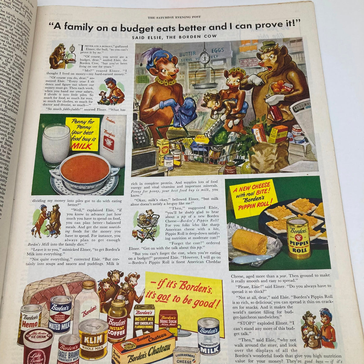 Comic-style advertisement featuring Elsie the Borden Cow promoting budget-friendly food options in Saturday Evening Post Magazine February 5 1949.
