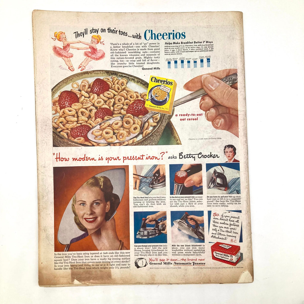 Vintage advertisement from the Saturday Evening Post Magazine February 5, 1949 showcasing Cheerios cereal with bold visuals, featuring a spoonful of cereal among strawberries and a smiling woman promoting modern household products by Betty Crocker.